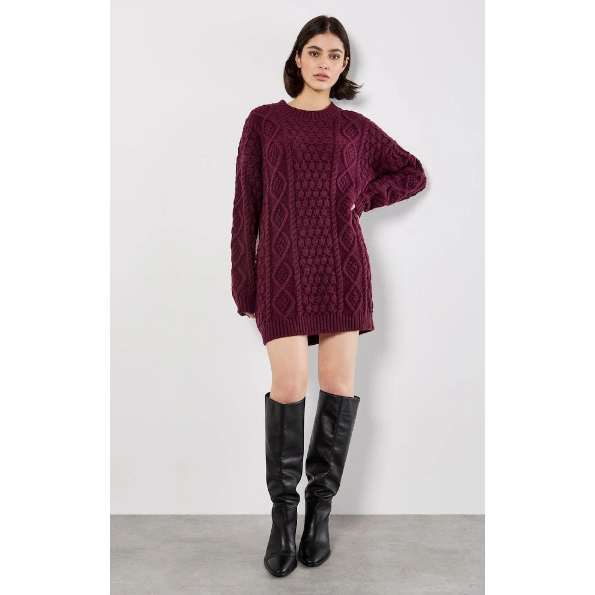 Cable Knit Oversized Sweater Dress — Burgandy