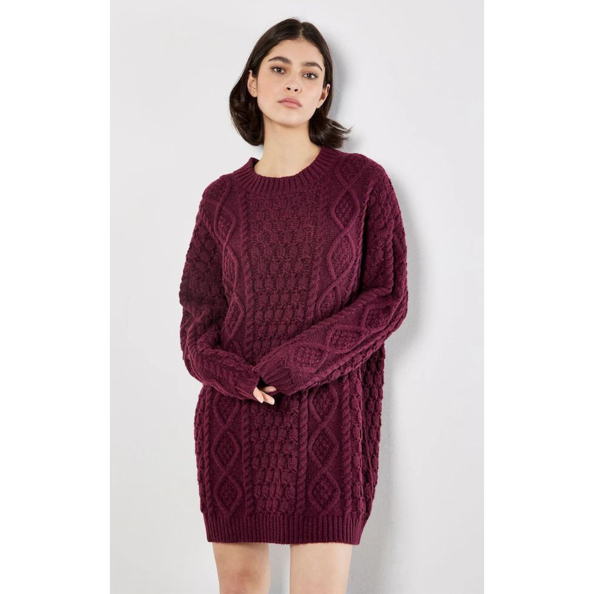 Cable Knit Oversized Sweater Dress — Burgandy