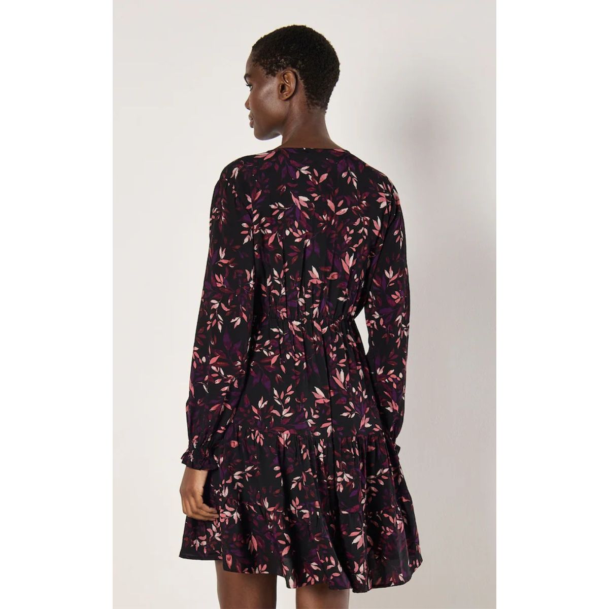 Trailing Leaves Tier Button Dress — Burgandy