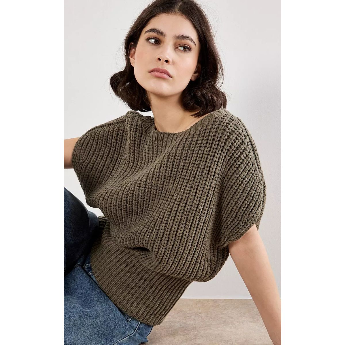 Wide Waist Chunky Knit Sweater — Khaki