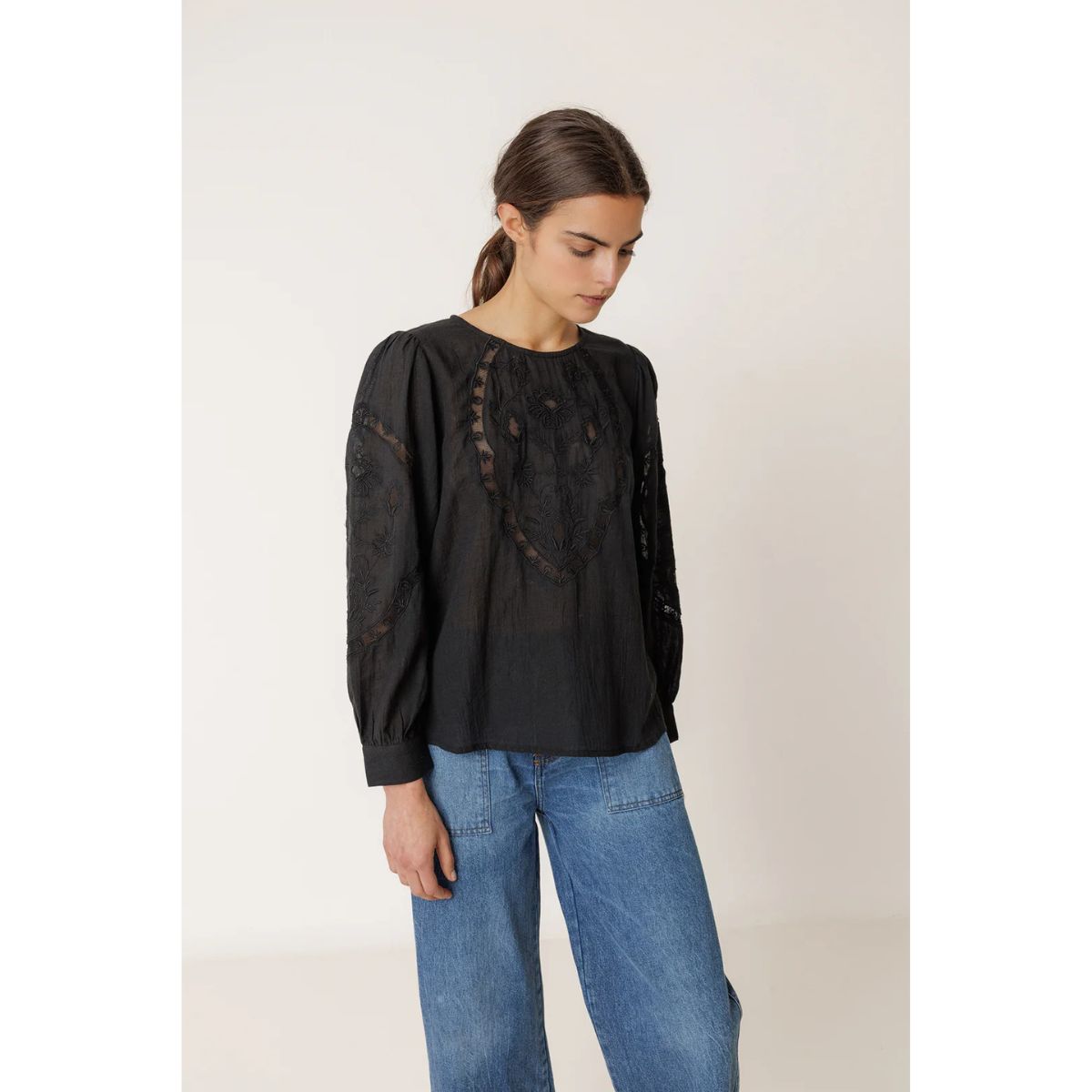Romantic Cotton Embroidered Shirt — Black