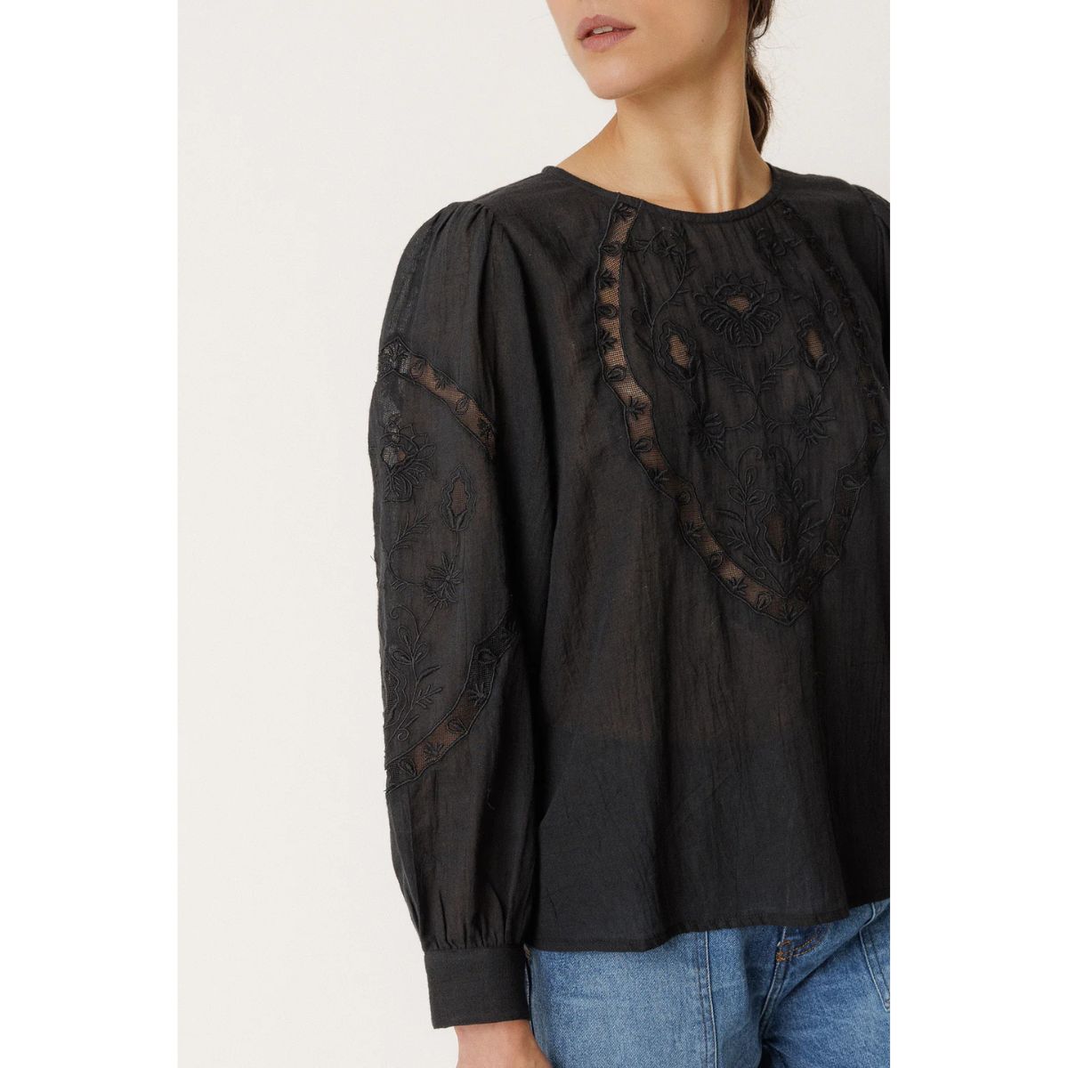 Romantic Cotton Embroidered Shirt — Black