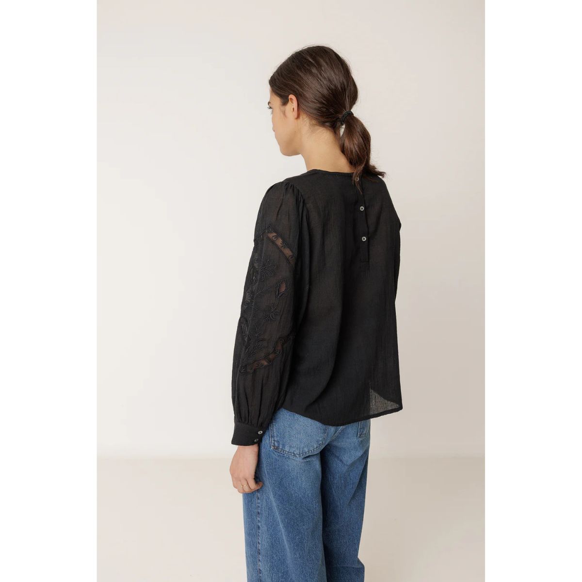 Romantic Cotton Embroidered Shirt — Black