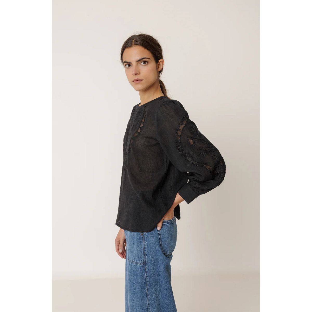 Romantic Cotton Embroidered Shirt — Black