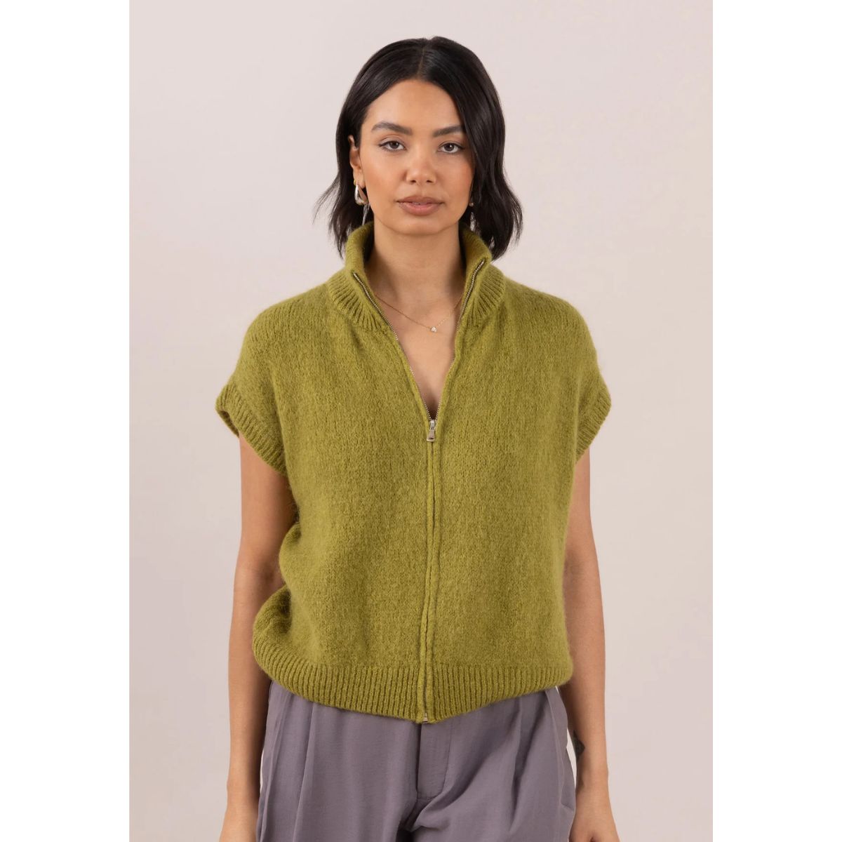 Leigh Sleeveless Zip Cardigan — Olive Green - Public Mercantile