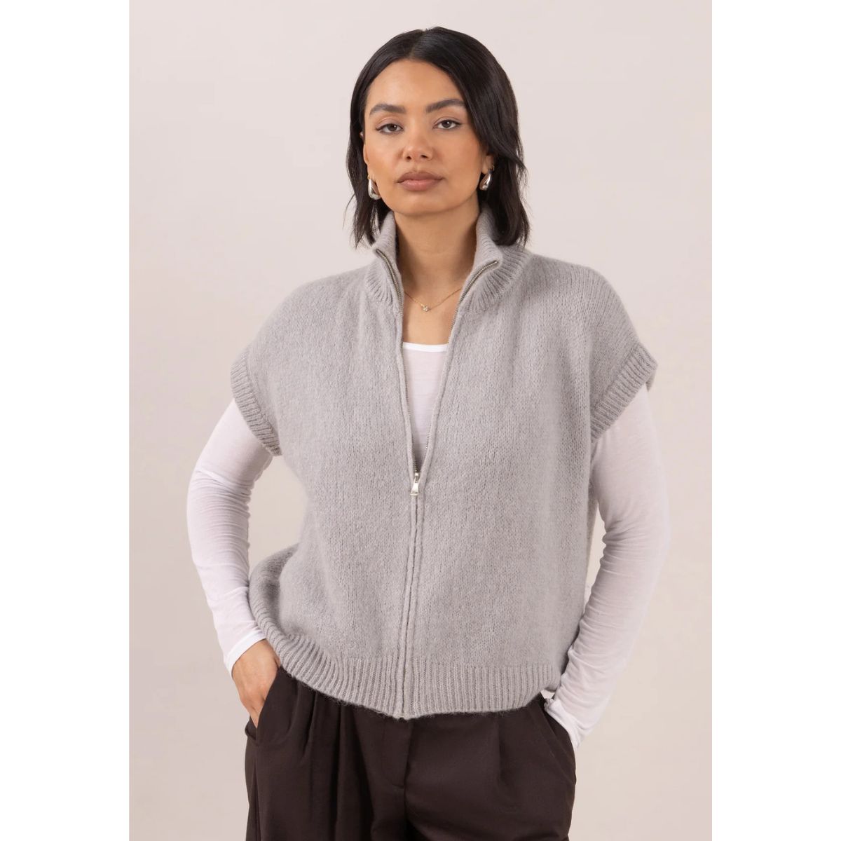 Leigh Sleeveless Zip Cardigan — Silver Grey - Public Mercantile