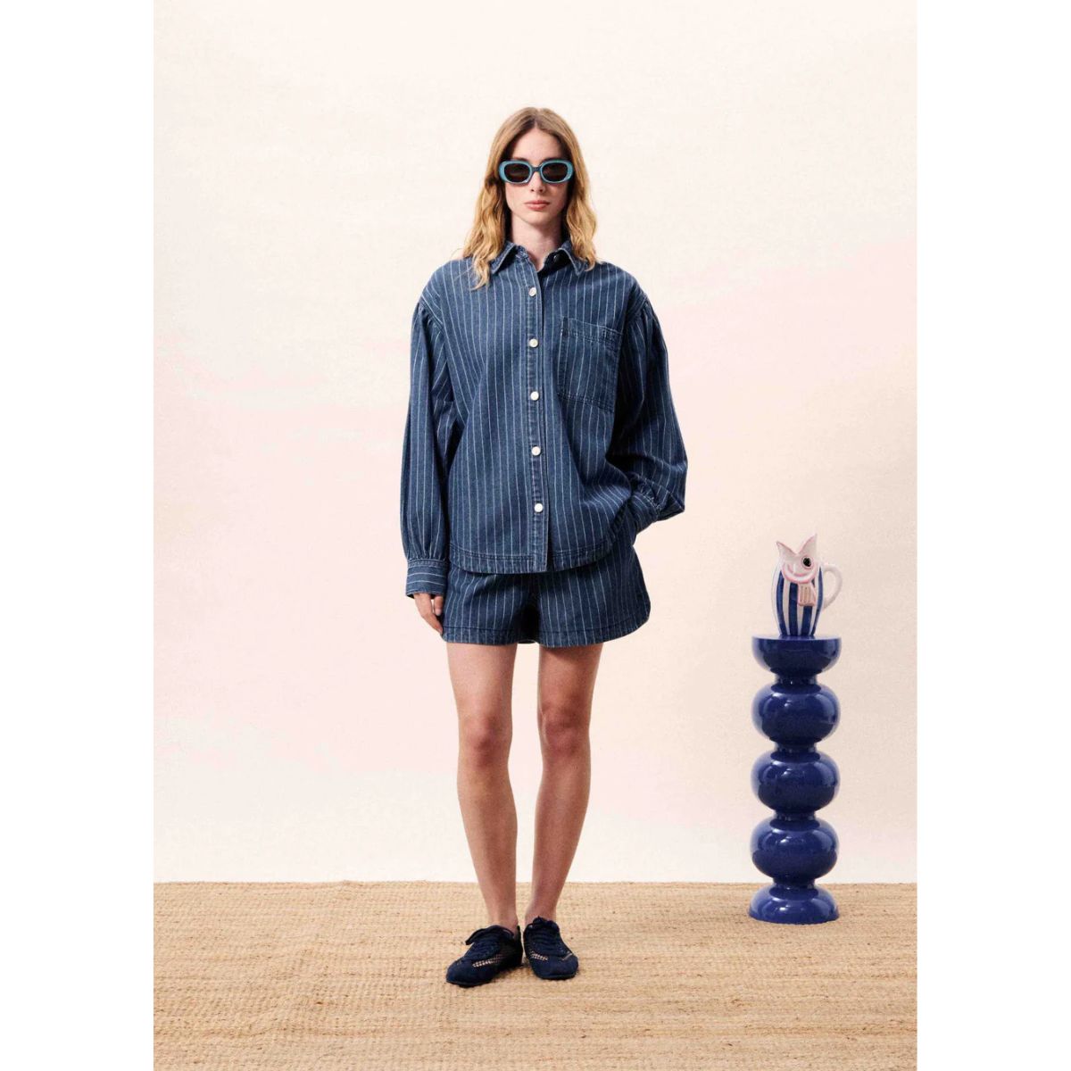 FRNCH Chicamia Denim Shorts — Blue Pinstripe - Public Mercantile