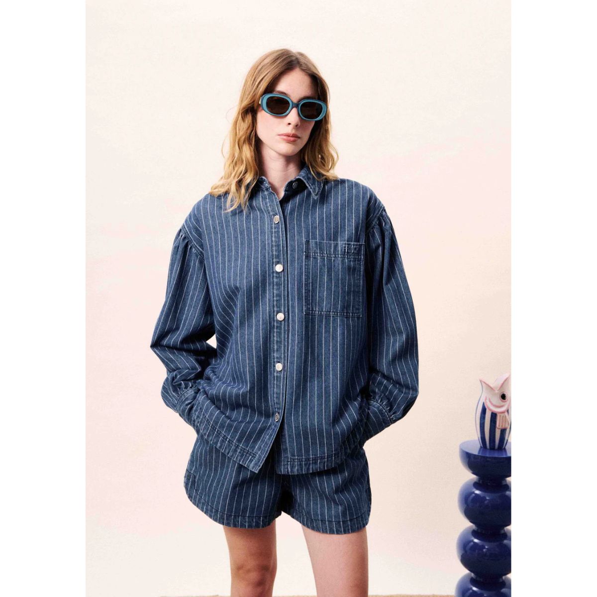 FRNCH Chicamia Denim Shorts — Blue Pinstripe - Public Mercantile