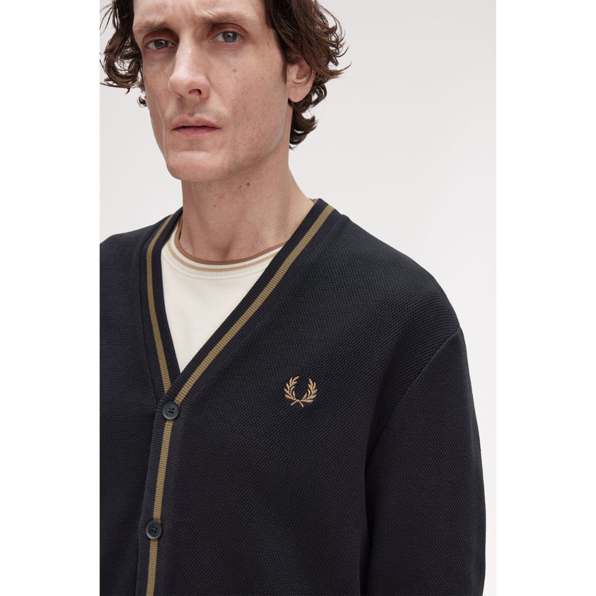 Fred Perry Tipped Pique Texture Cardigan - Black/Shaded Stone