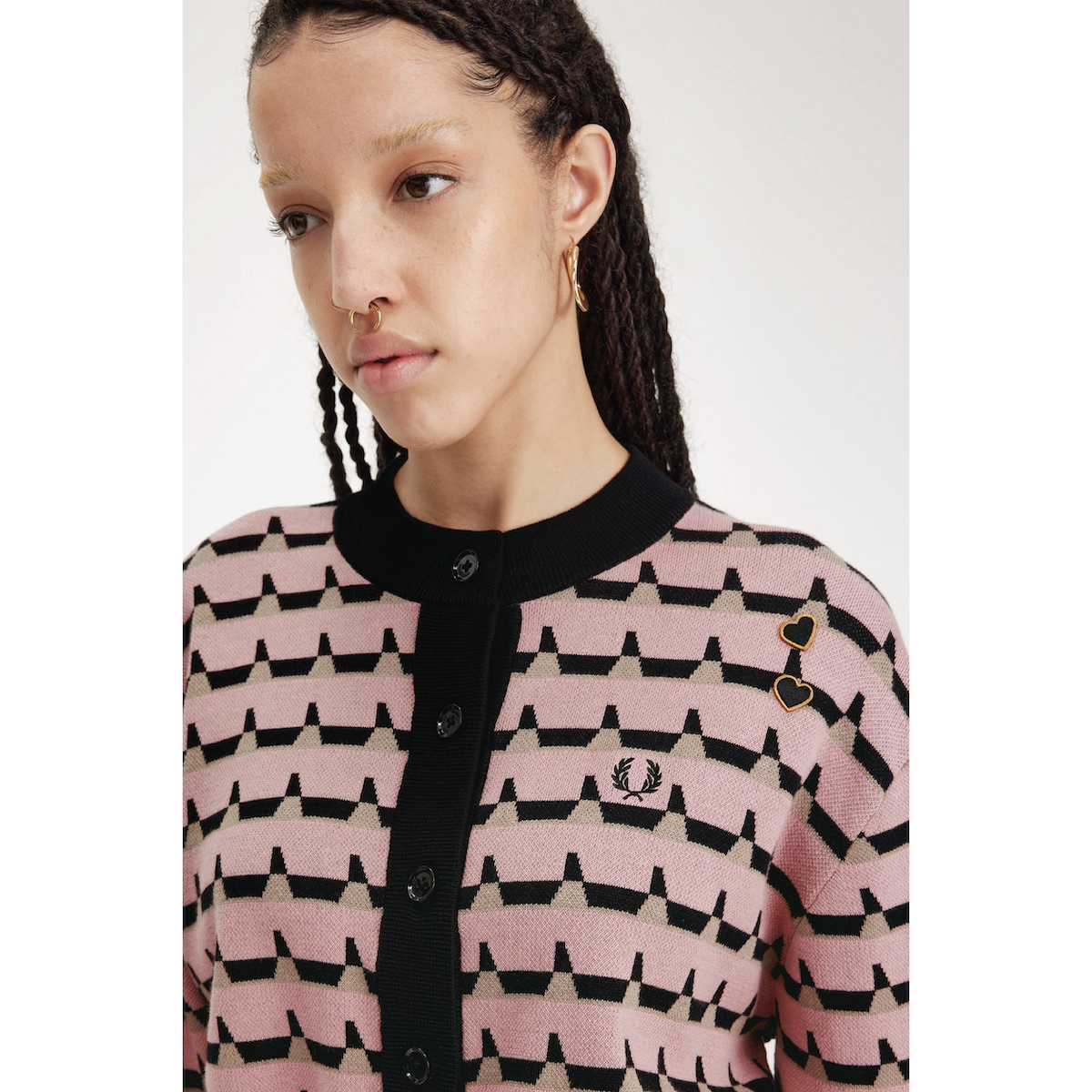 Fred Perry Amy Winehouse Jacquard Knit Cardigan — Dusty Rose Pink - Public Mercantile