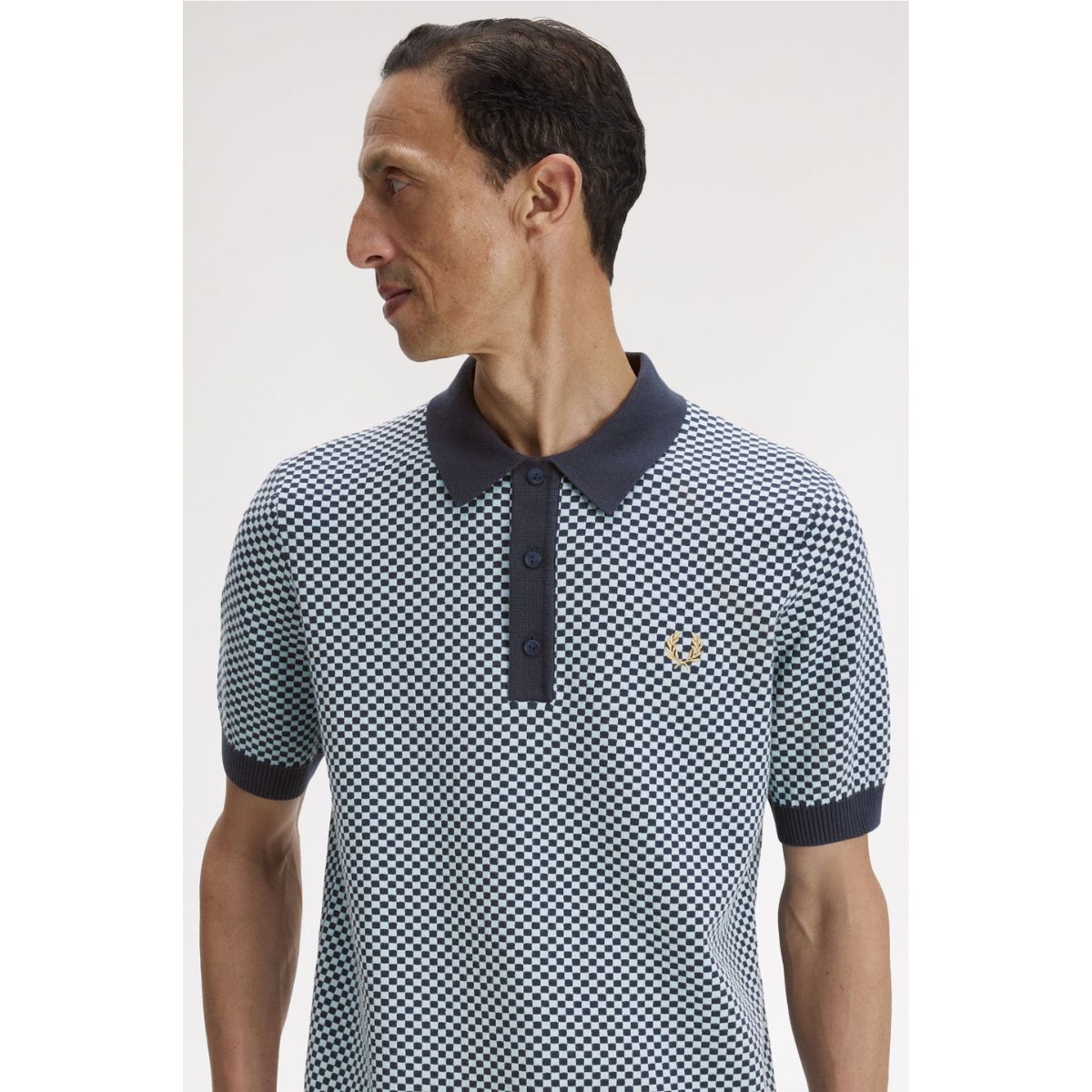 Fred Perry Chequerboard Knitted Shirt - Dark Airforce - Public Mercantile