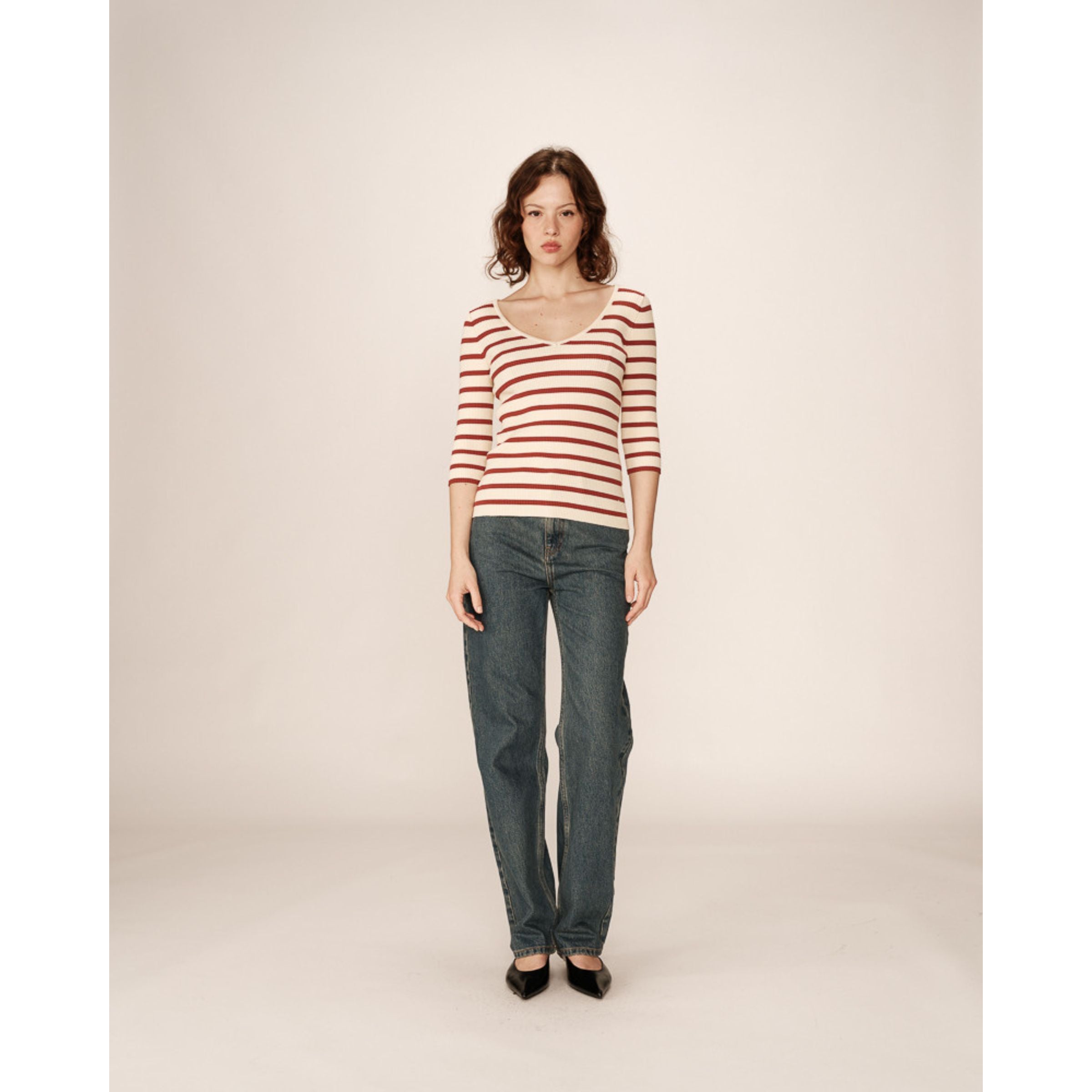Paige V-Neck Striped Top — Terracotta