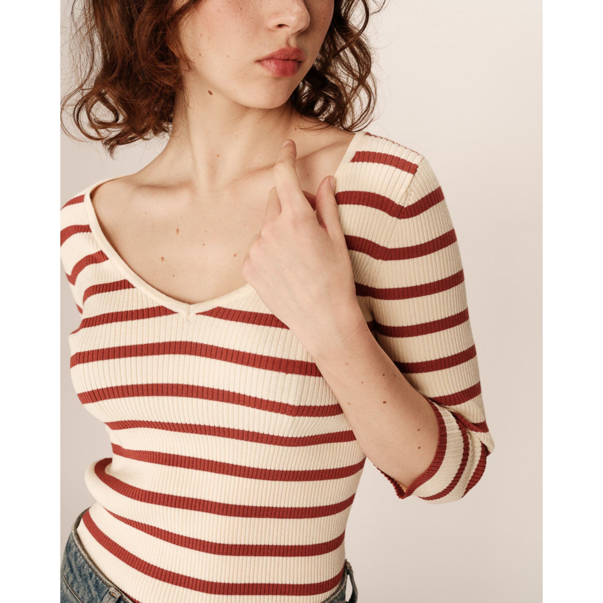 Paige V-Neck Striped Top — Terracotta