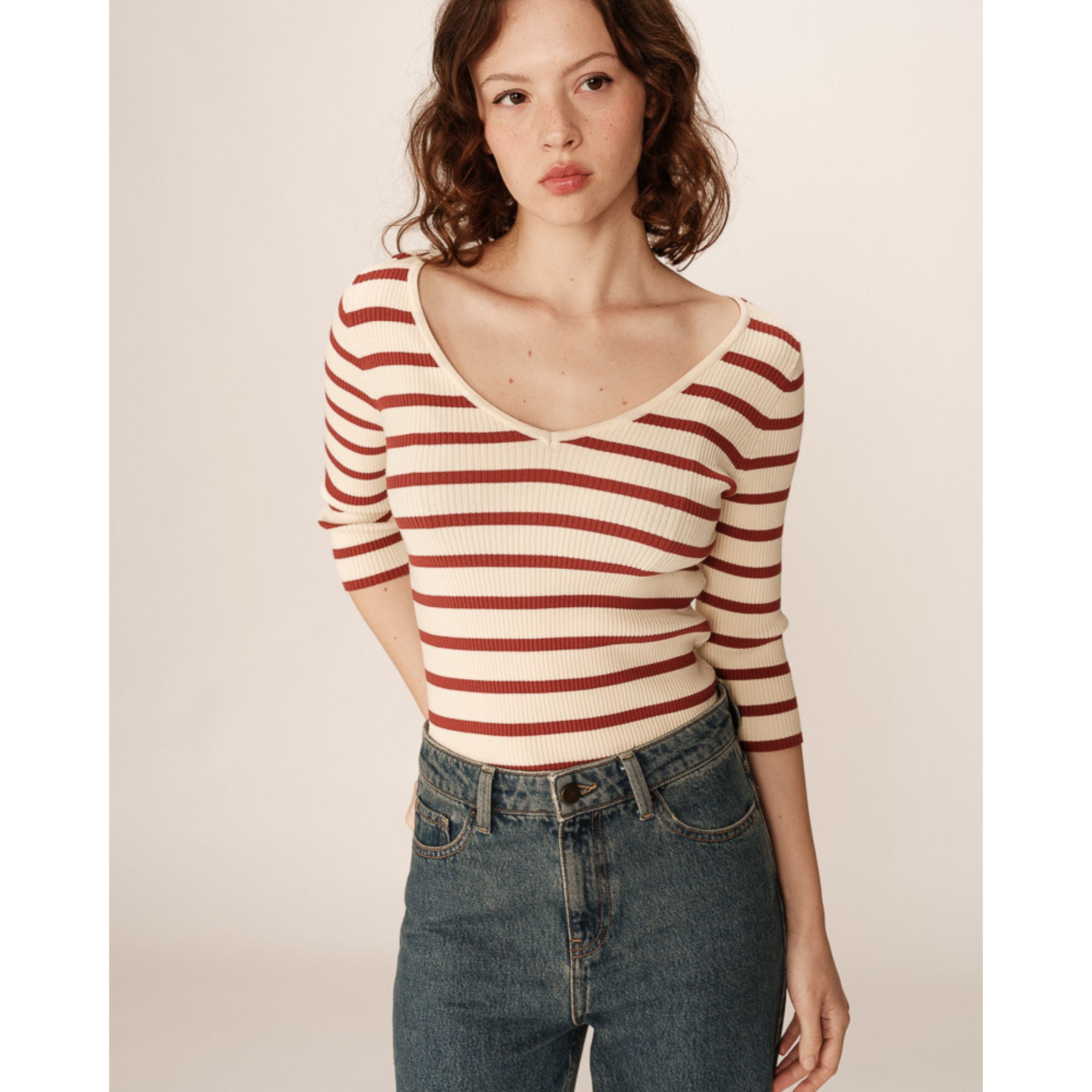Paige V-Neck Striped Top — Terracotta