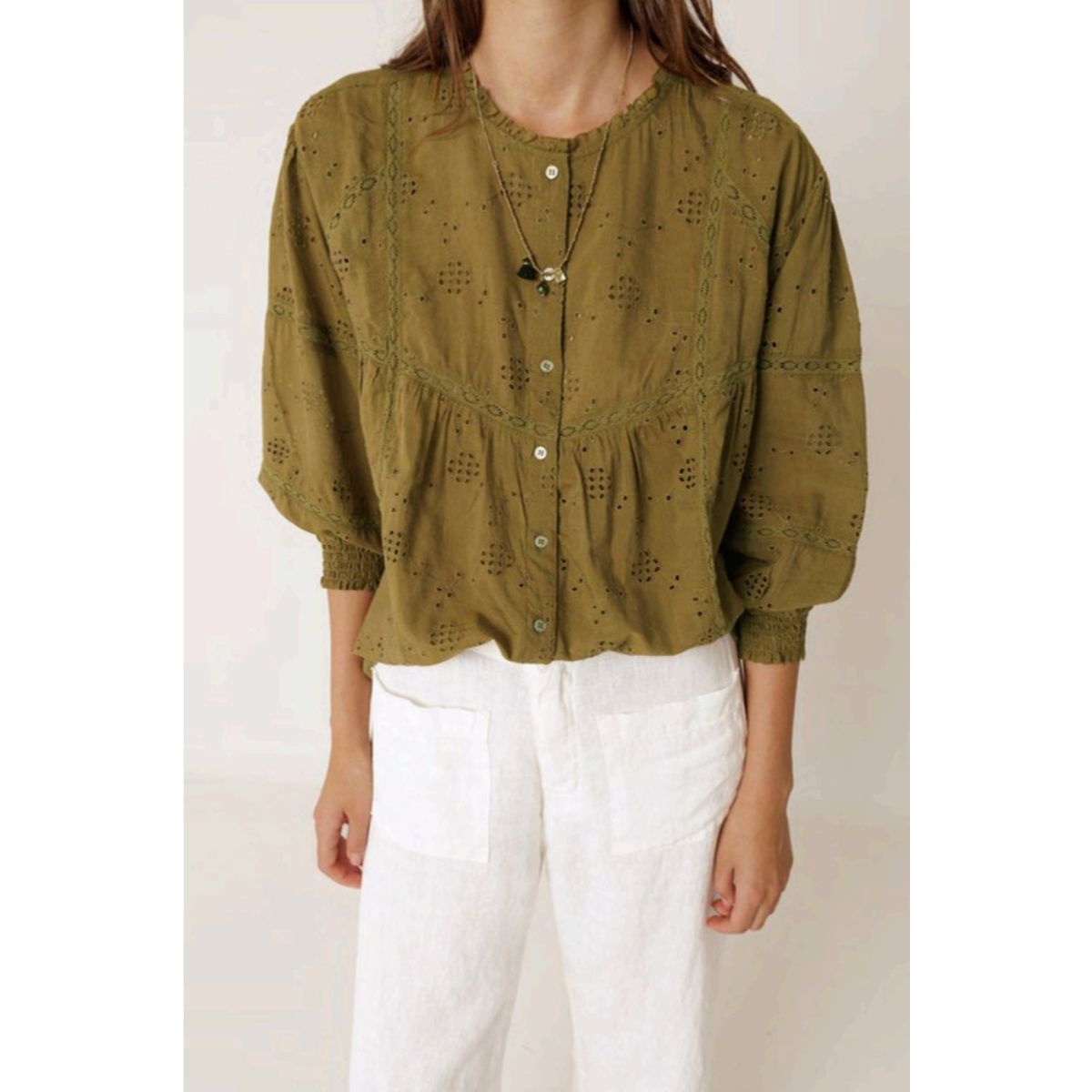 Embroidered Button-Up Blouse — Khaki - Public Mercantile