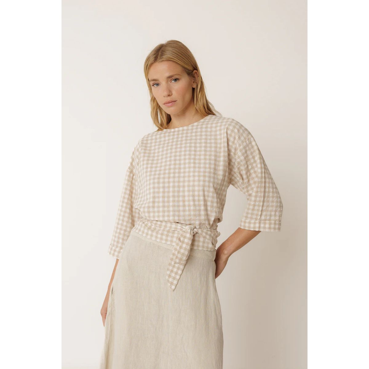 Tie-Crop Gingham Shirt — Beige - Public Mercantile