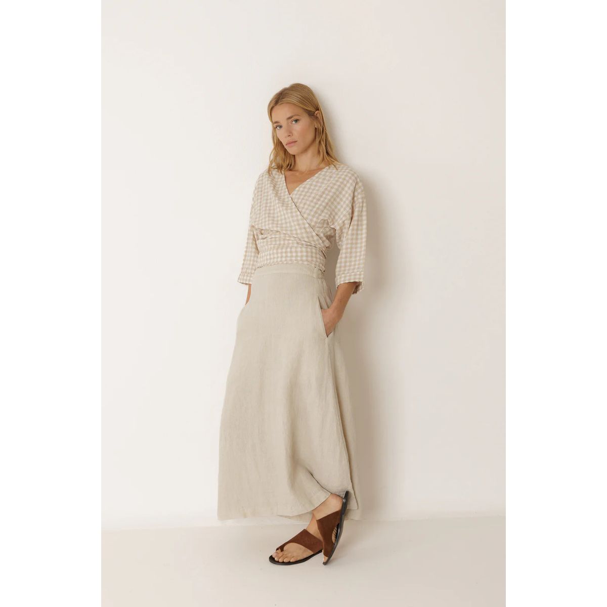 Tie-Crop Gingham Shirt — Beige - Public Mercantile