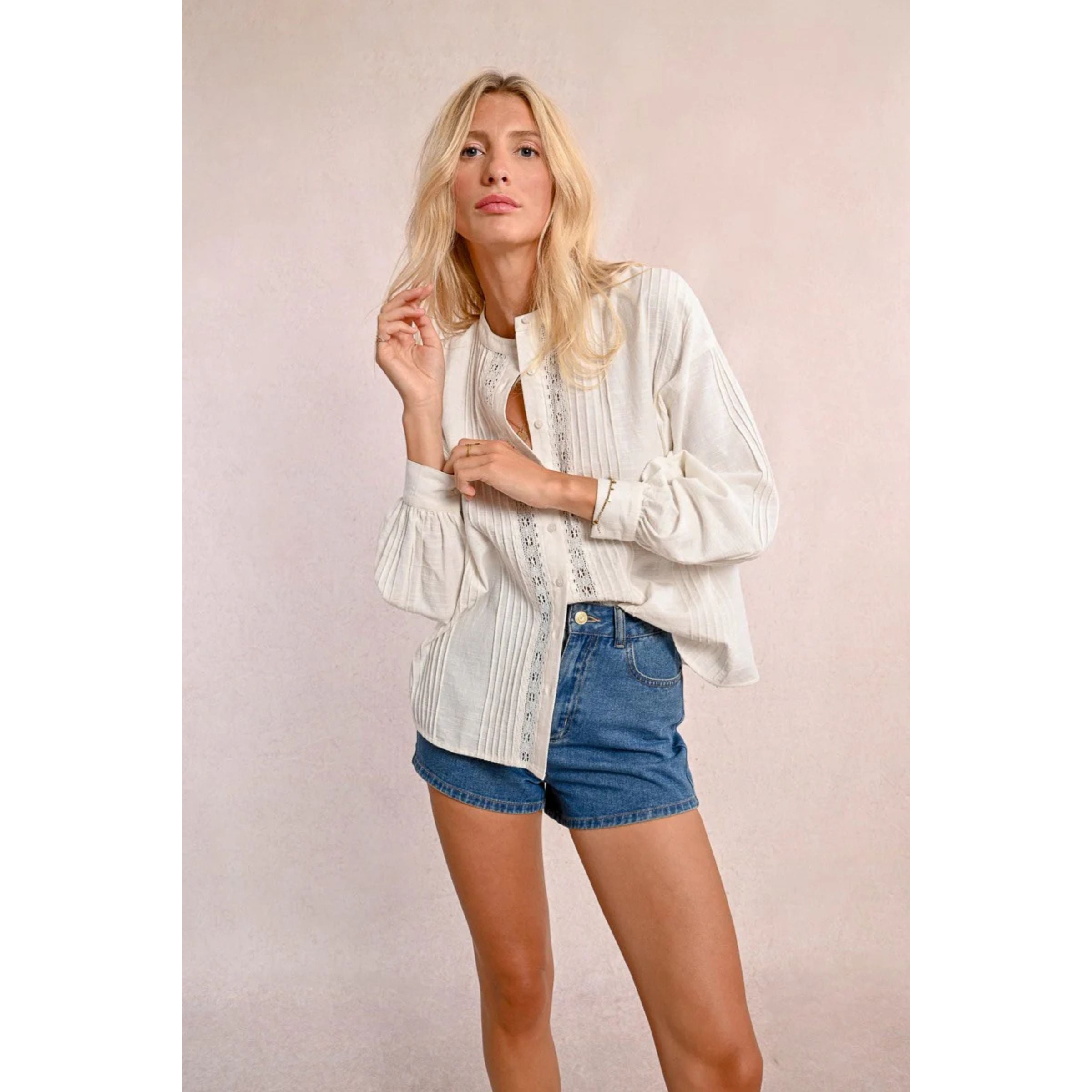 Cotton Lace Panel Blouse — White