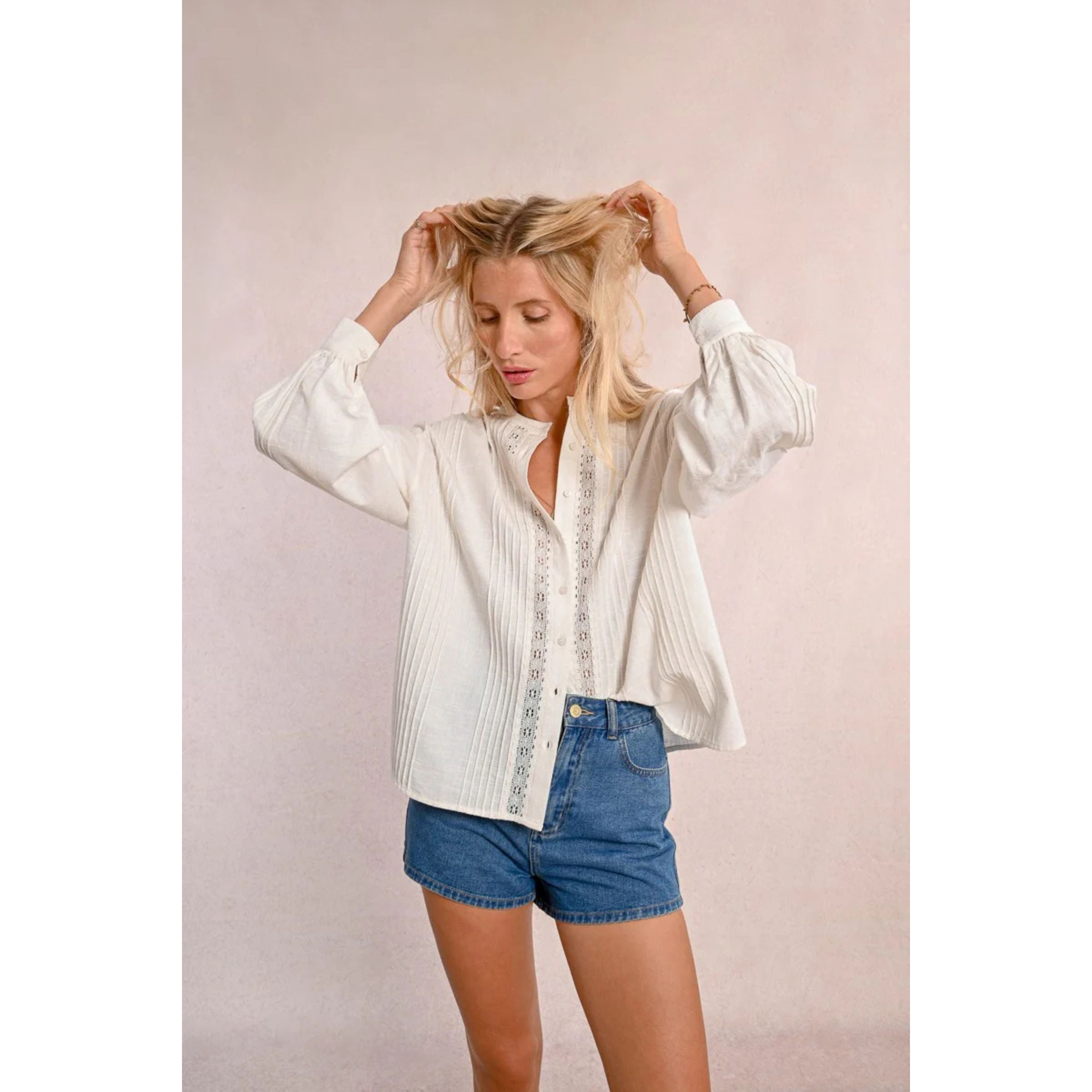 Cotton Lace Panel Blouse — White