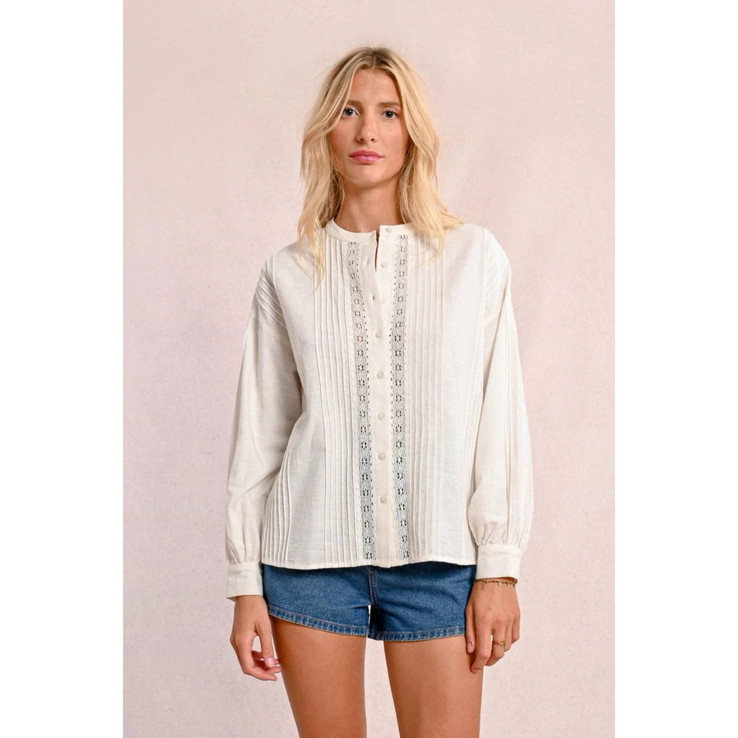 Cotton Lace Panel Blouse — White