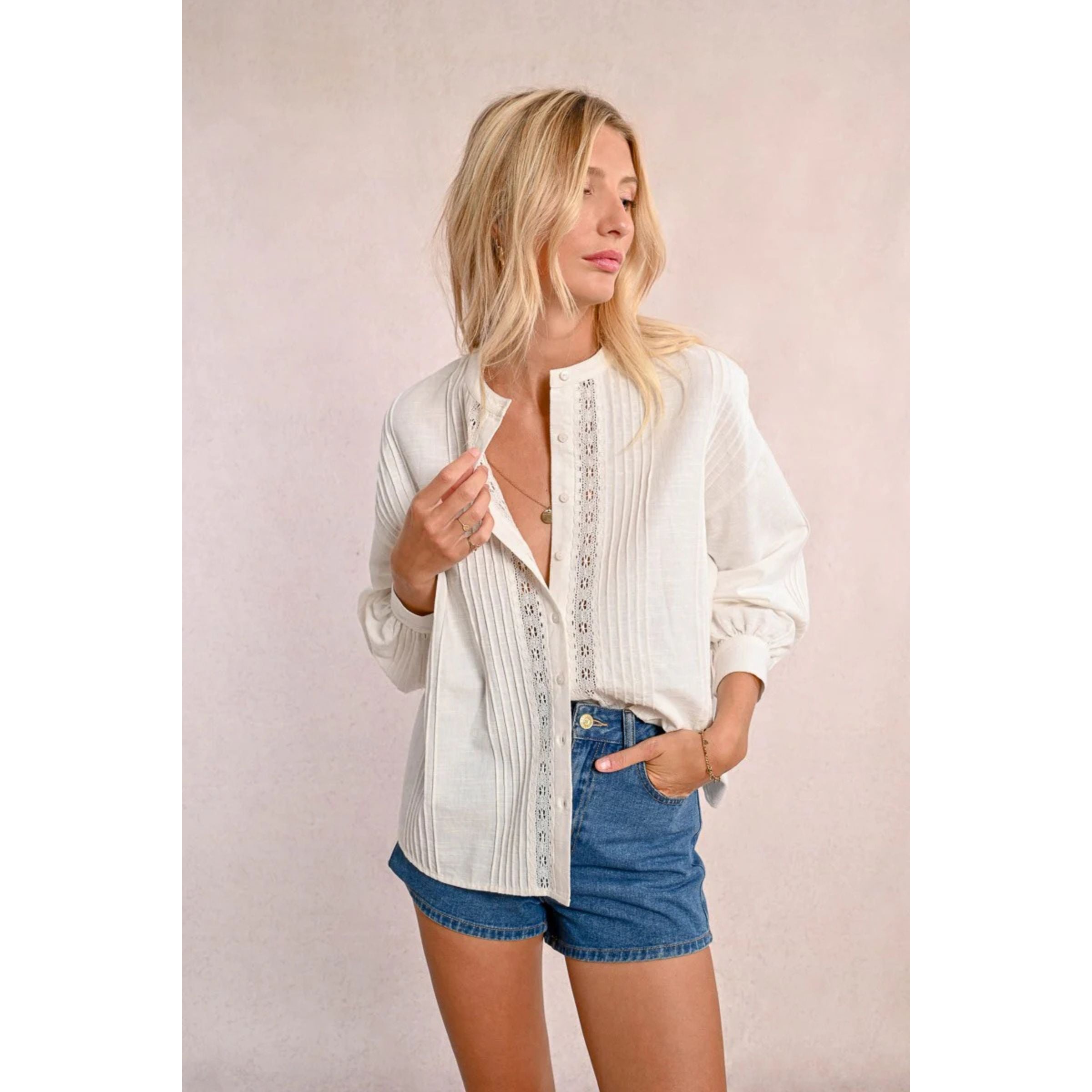 Cotton Lace Panel Blouse — White