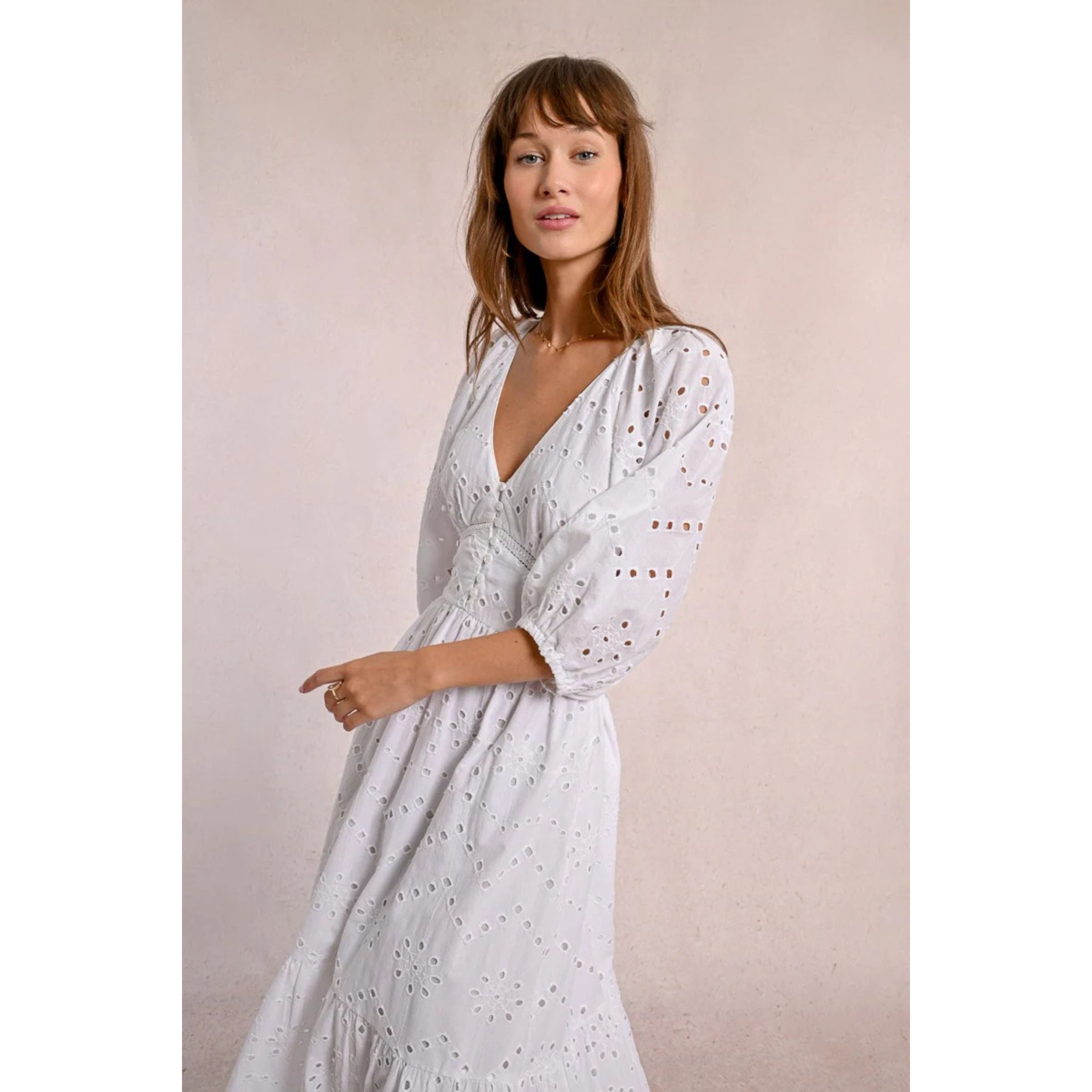 Long Cotton Openwork Embroidered Dress — White