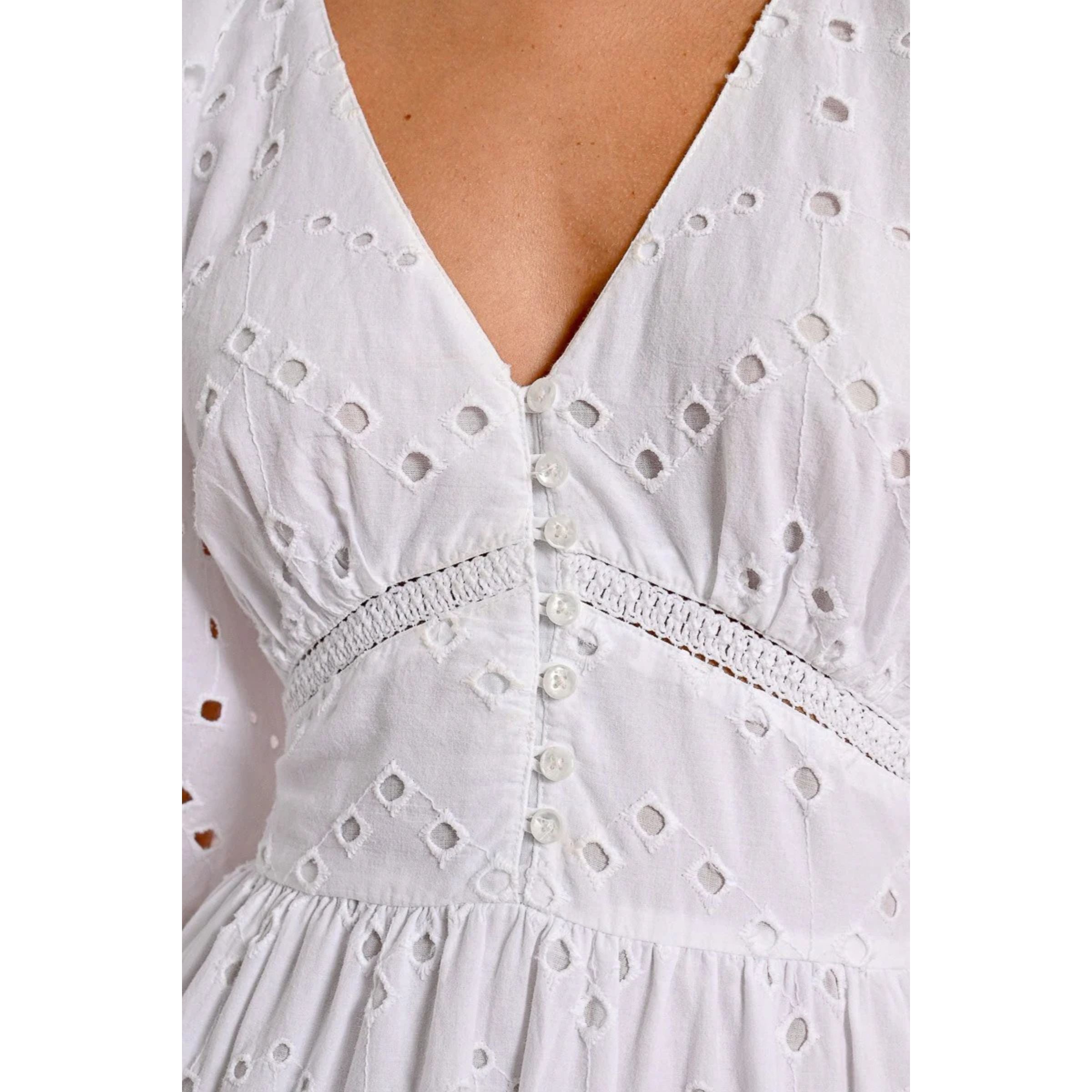 Long Cotton Openwork Embroidered Dress — White