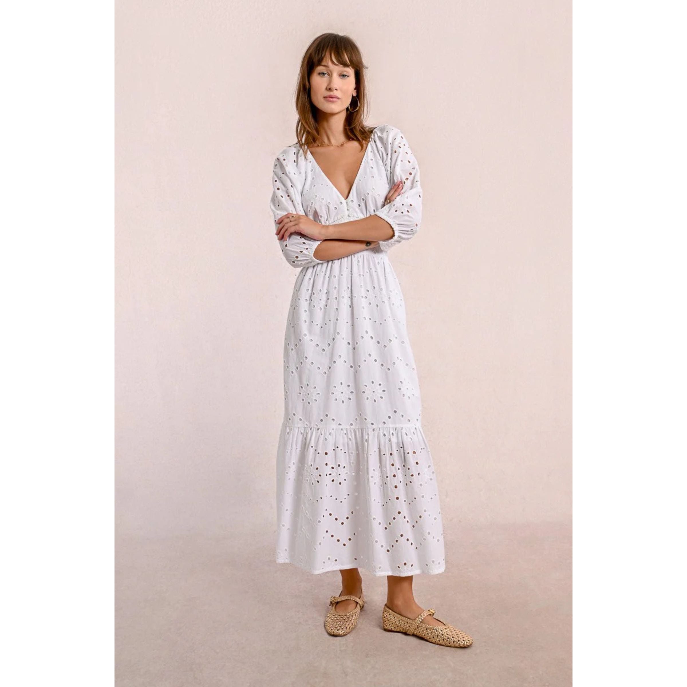 Long Cotton Openwork Embroidered Dress — White