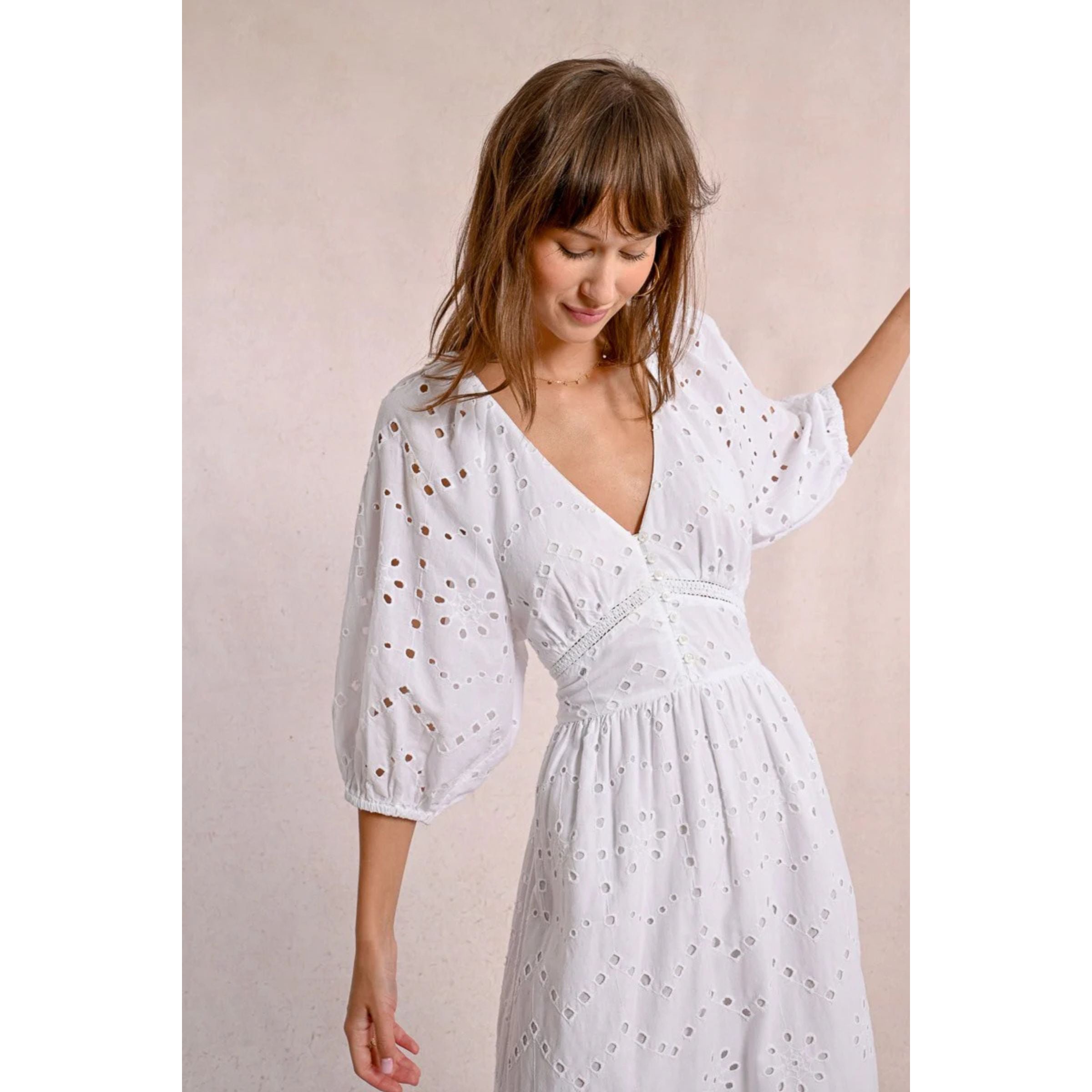 Long Cotton Openwork Embroidered Dress — White