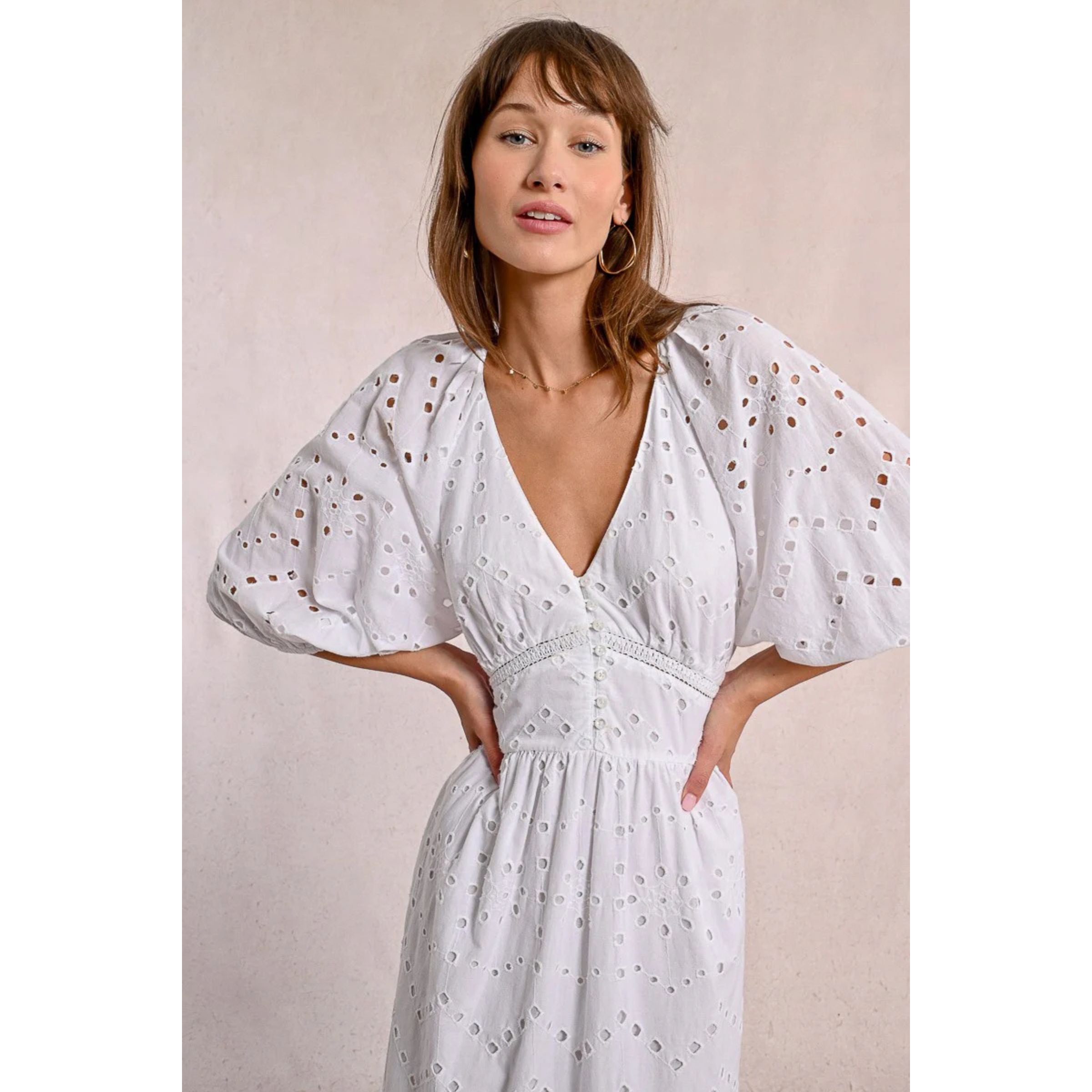 Long Cotton Openwork Embroidered Dress — White