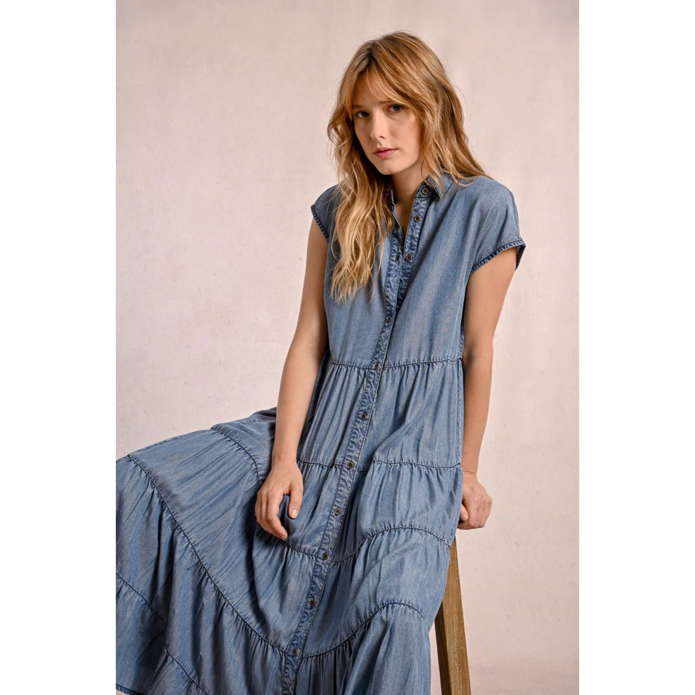 Long Ruffled Shirt Dress — Denim Blue