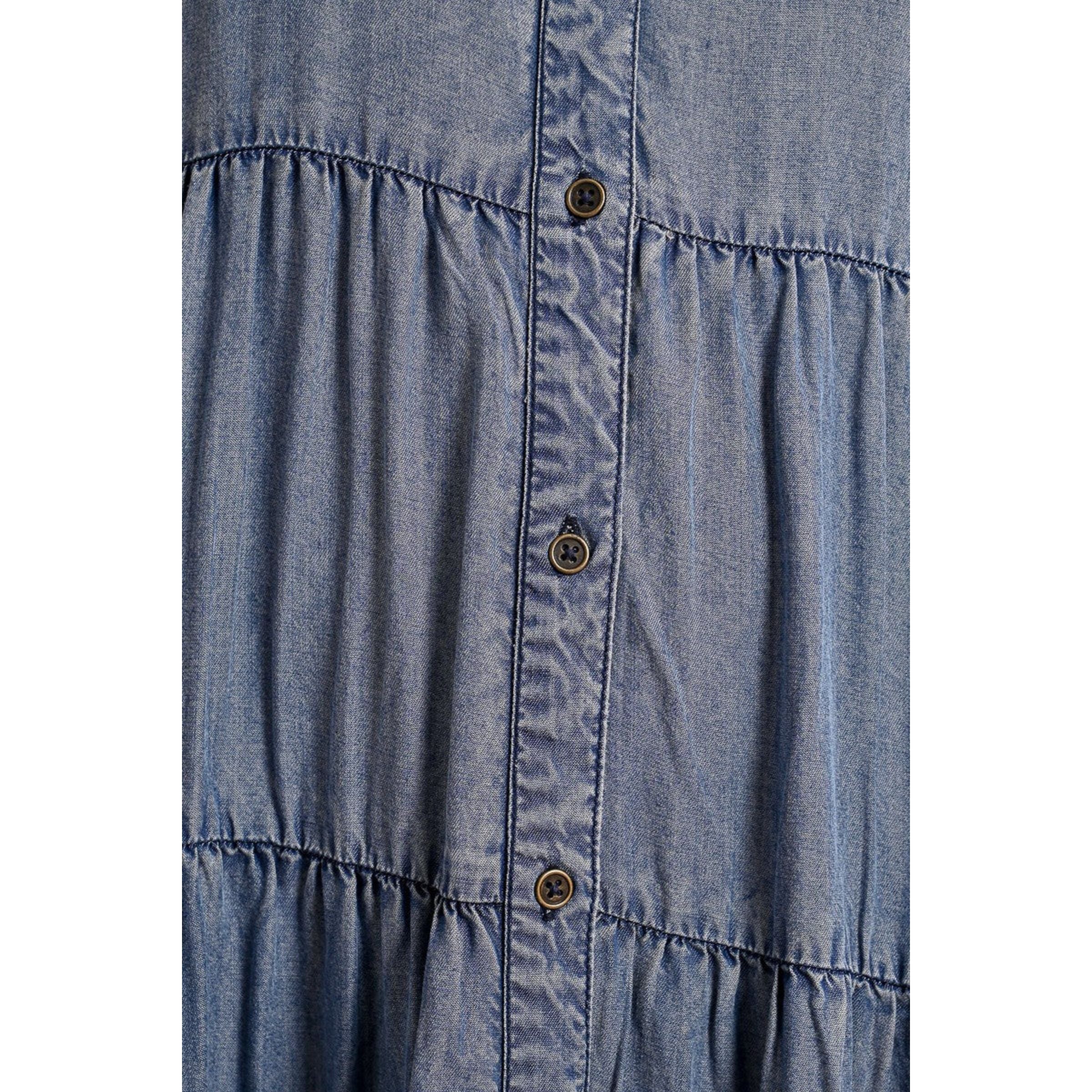 Long Ruffled Shirt Dress — Denim Blue