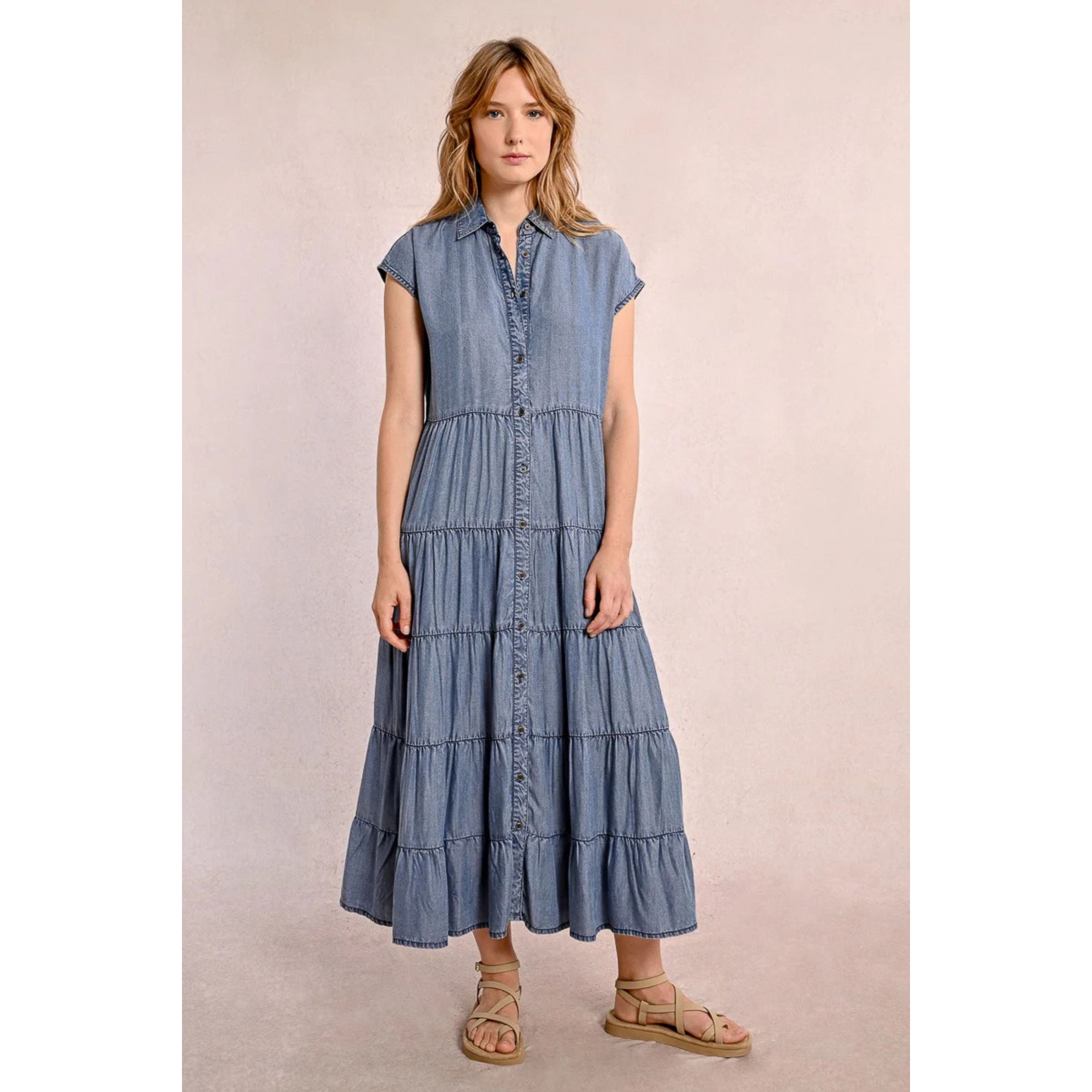 Long Ruffled Shirt Dress — Denim Blue
