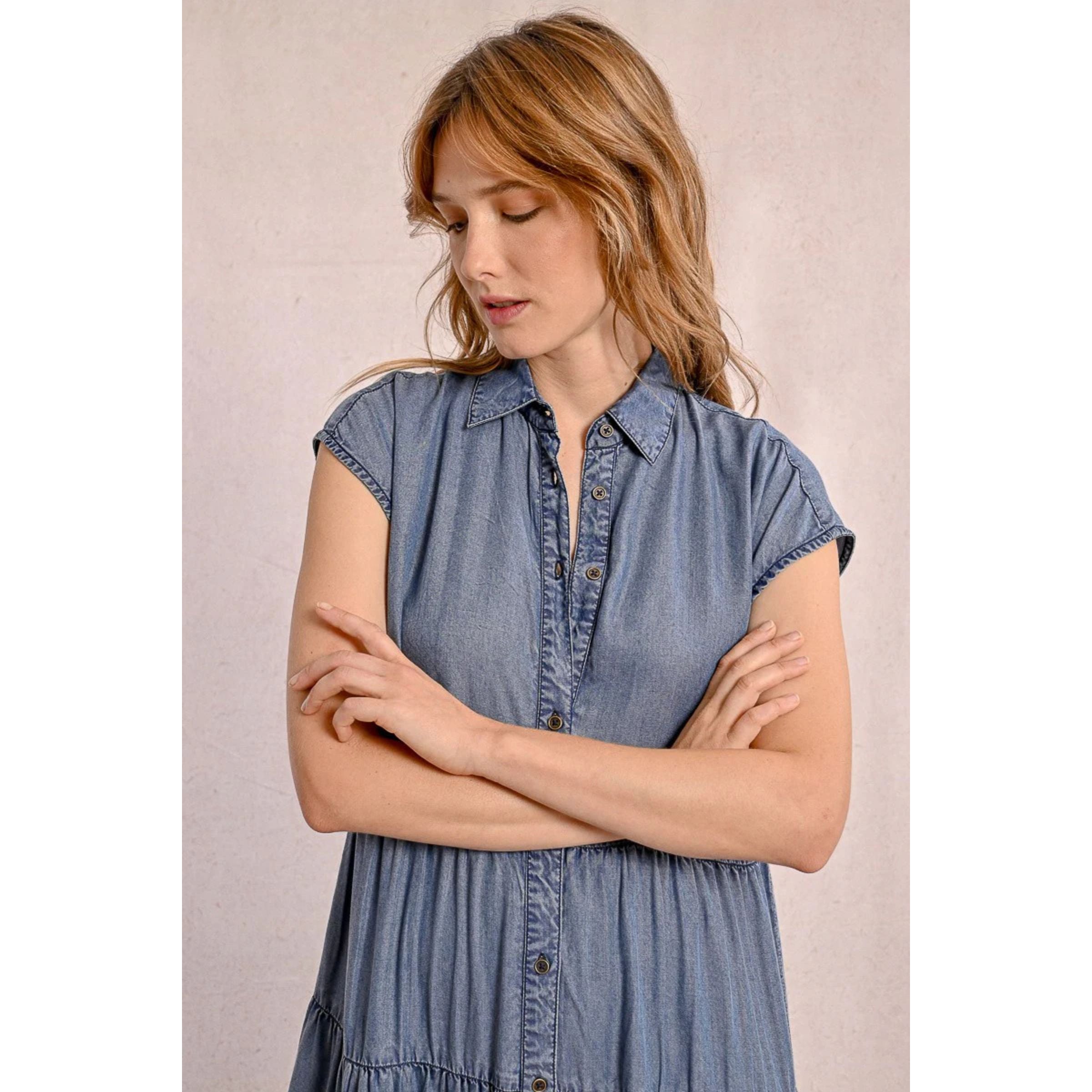 Long Ruffled Shirt Dress — Denim Blue