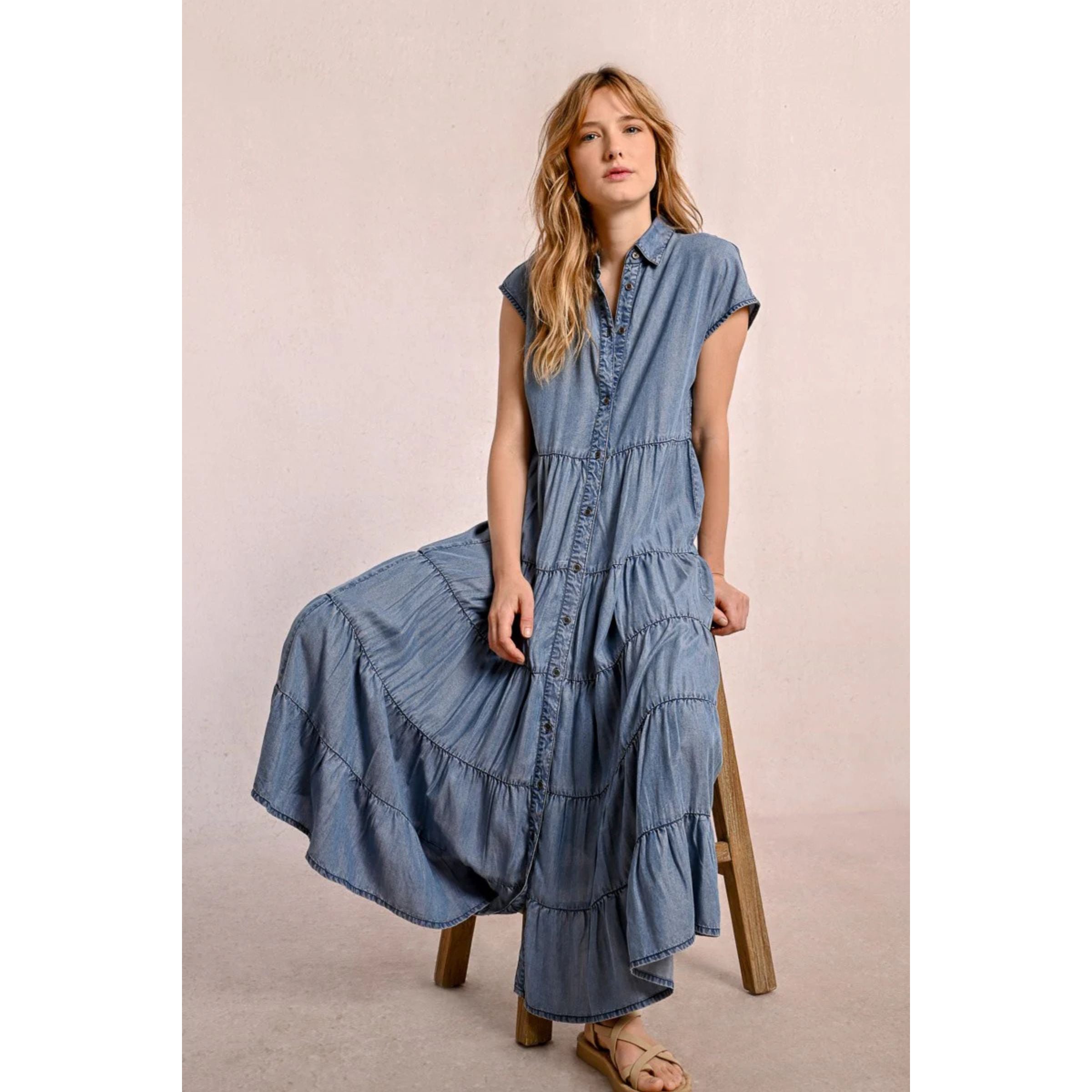 Long Ruffled Shirt Dress — Denim Blue