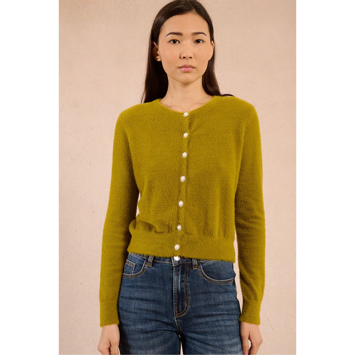 Knitted Button-up Cardigan — Citron Green