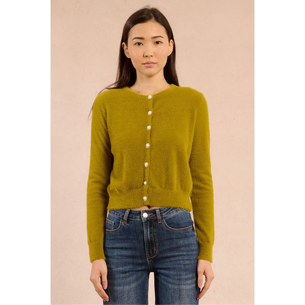 Knitted Button-up Cardigan — Citron Green