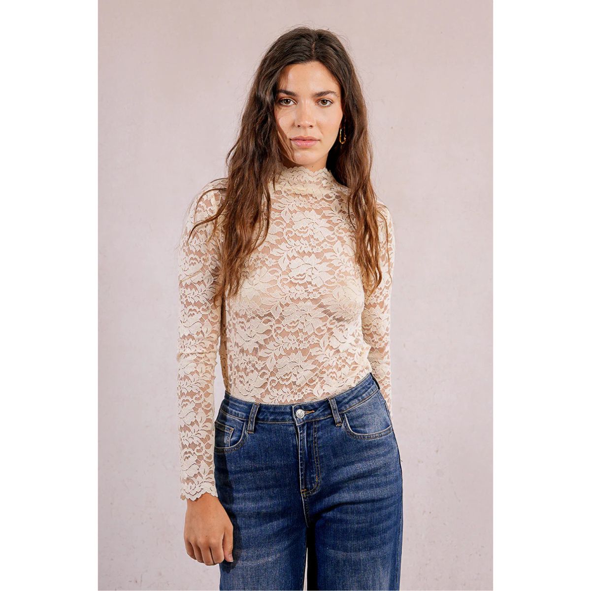 Long-Sleeved Lace Top — Cream