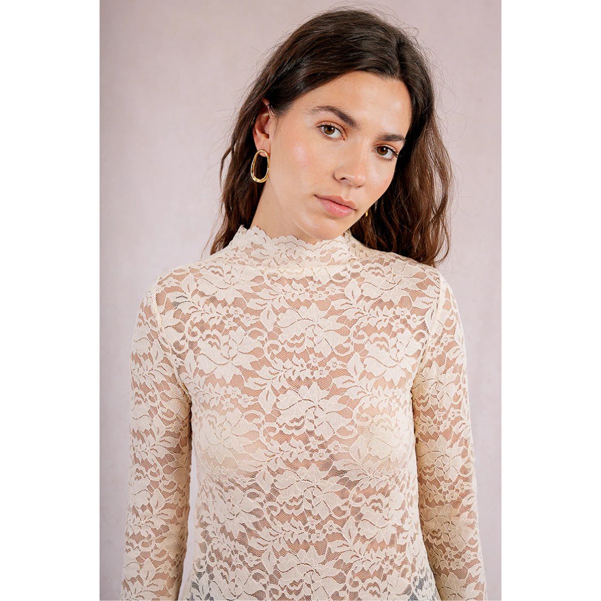 Long-Sleeved Lace Top — Cream