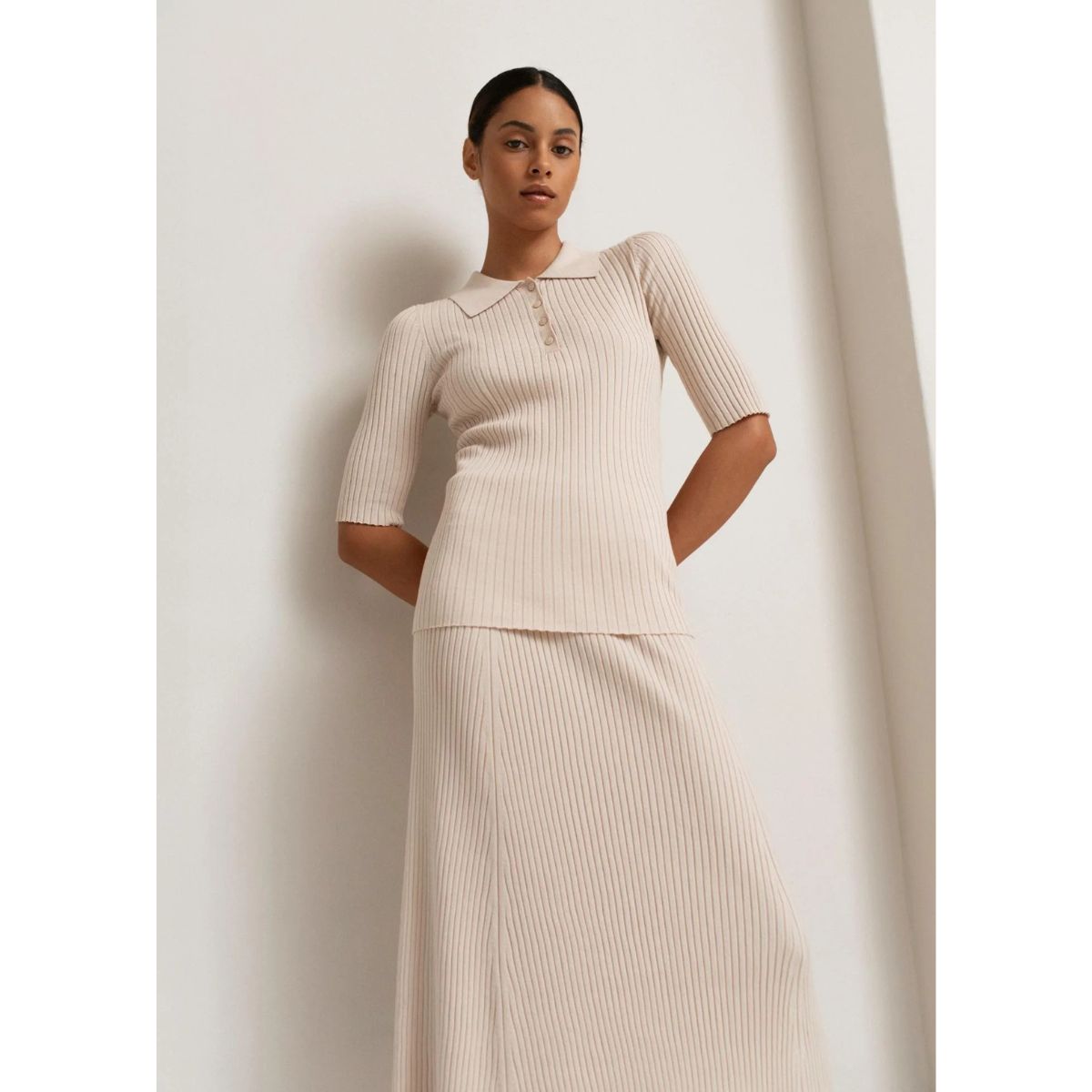 Paper Label Leona Rib Polo Top — Soy Milk