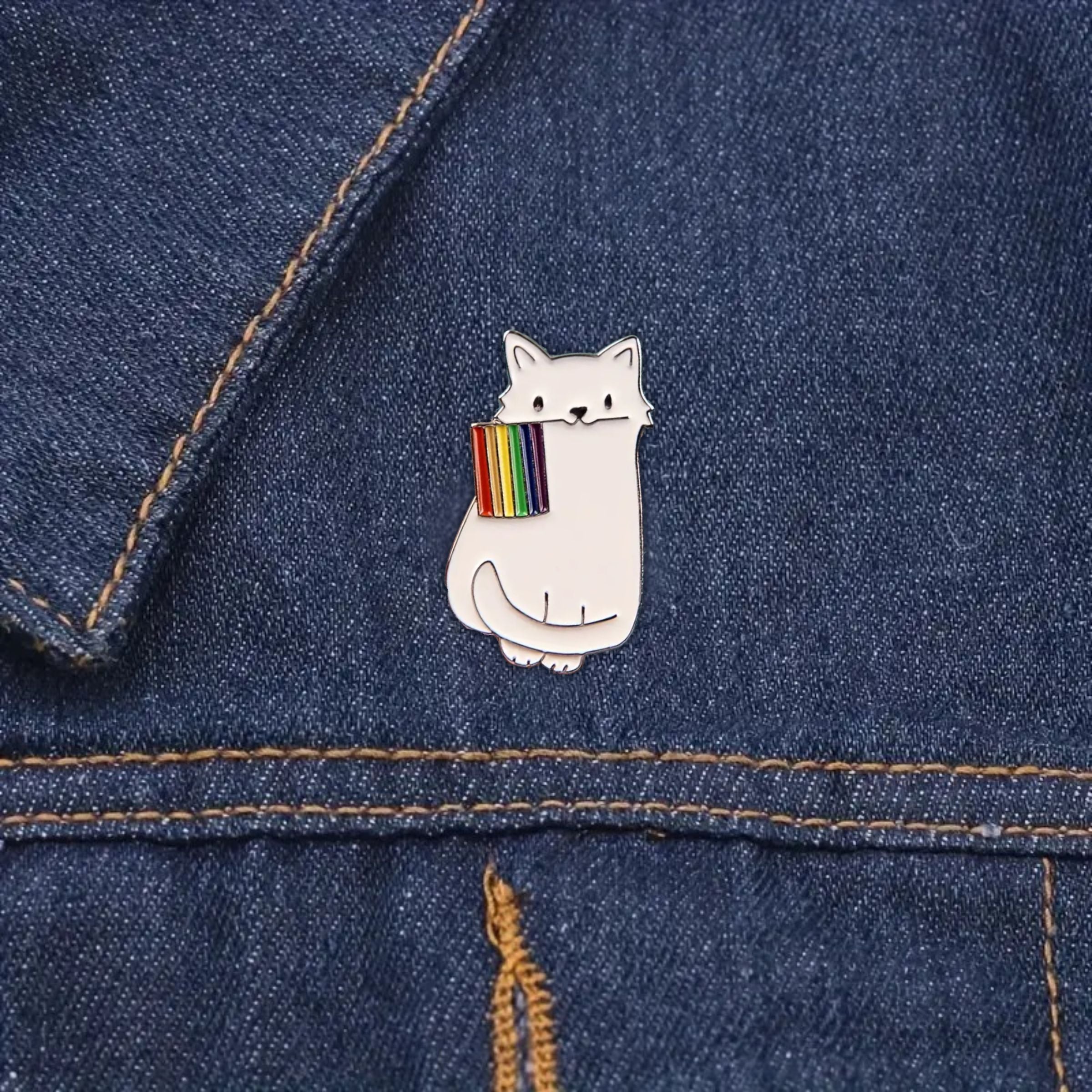 Rainbow Cat Enamel Pin - White