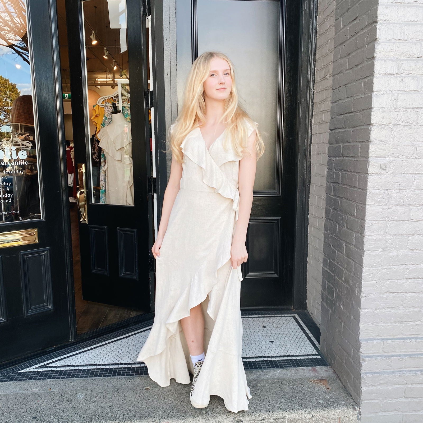 Ruffle Linen Blend Wrap Dress — Cream - Public Mercantile
