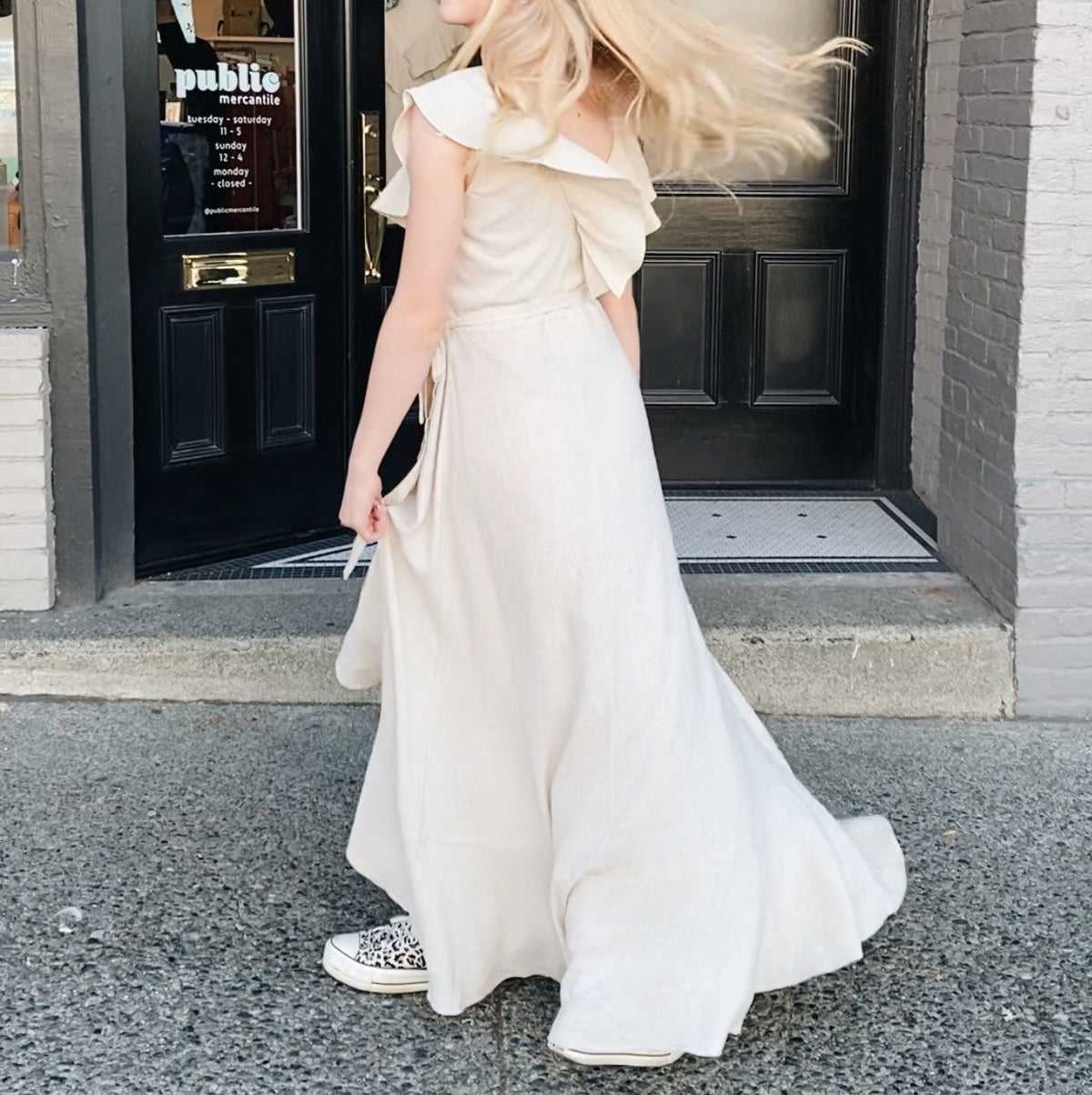 chinese dress ladies Ruffle Linen Blend Wrap Dress — Cream – Public Mercantile