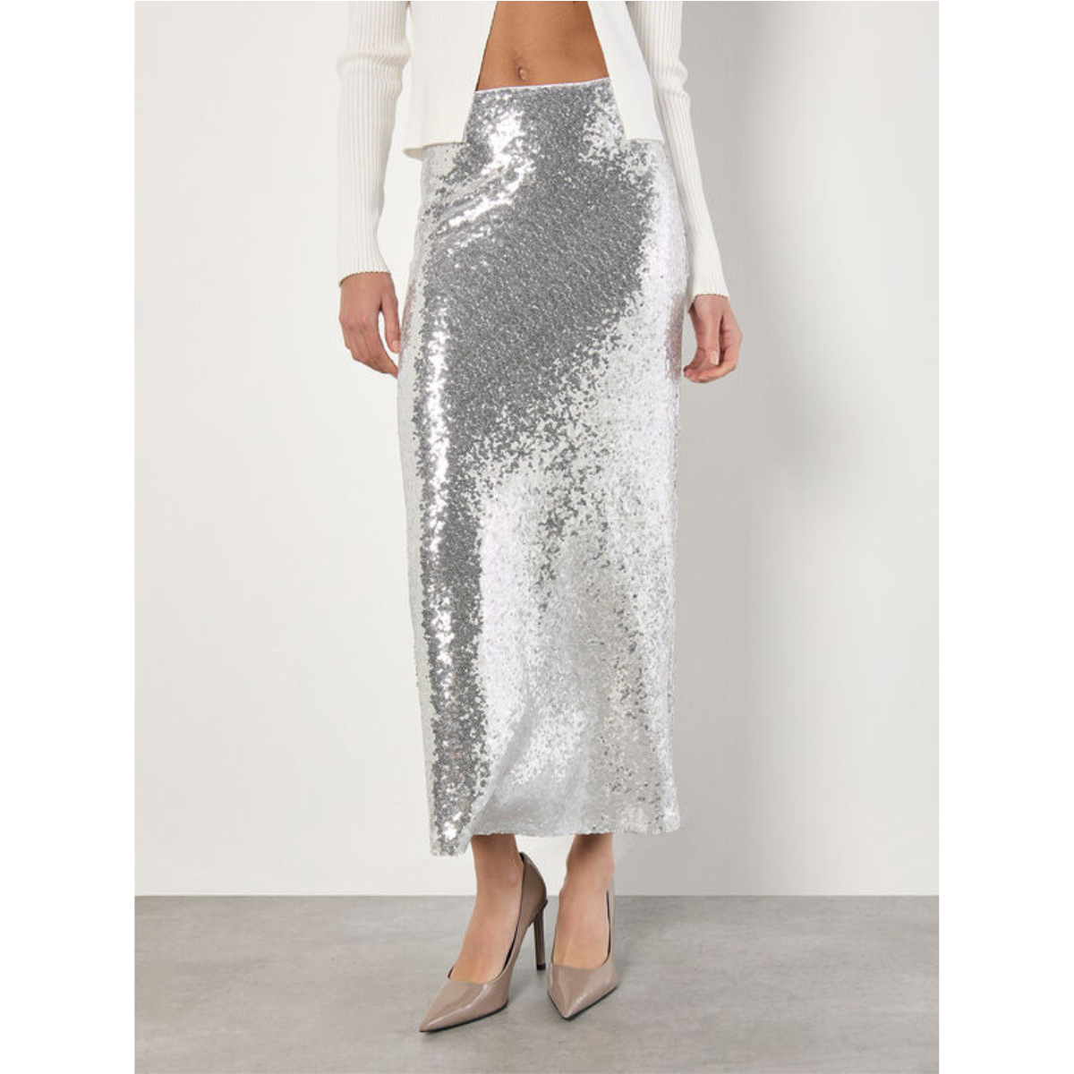 Sequin Bias Cut Pencil Skirt — Silver - Public Mercantile