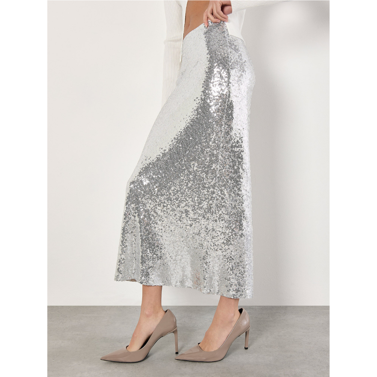Sequin Bias Cut Pencil Skirt — Silver - Public Mercantile