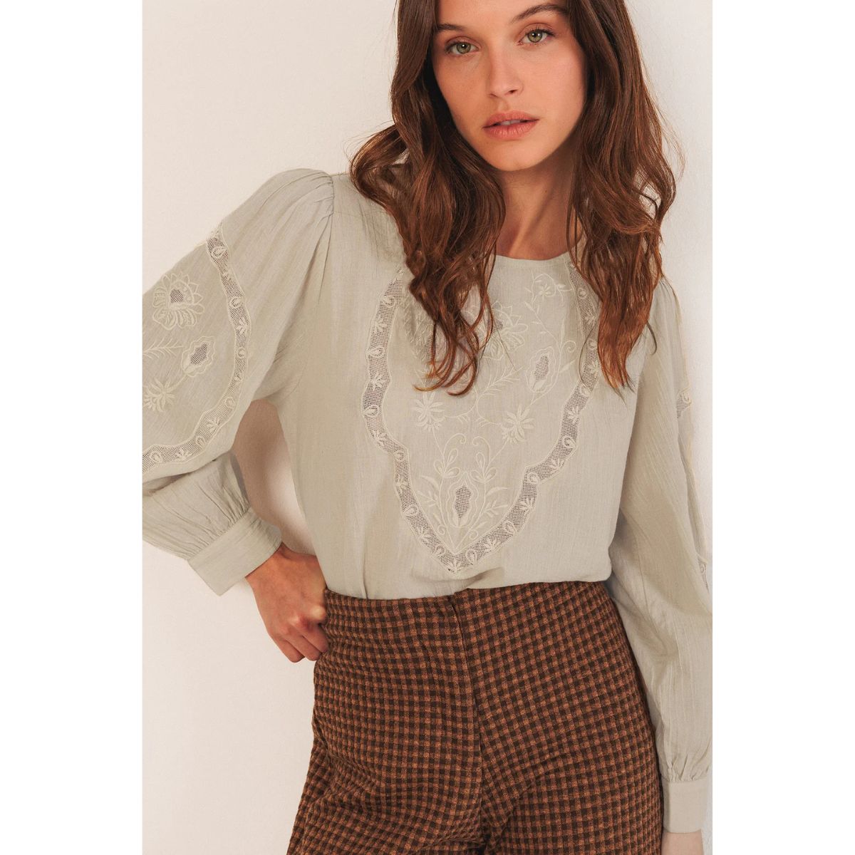 Romantic Cotton Embroidered Shirt — Stone