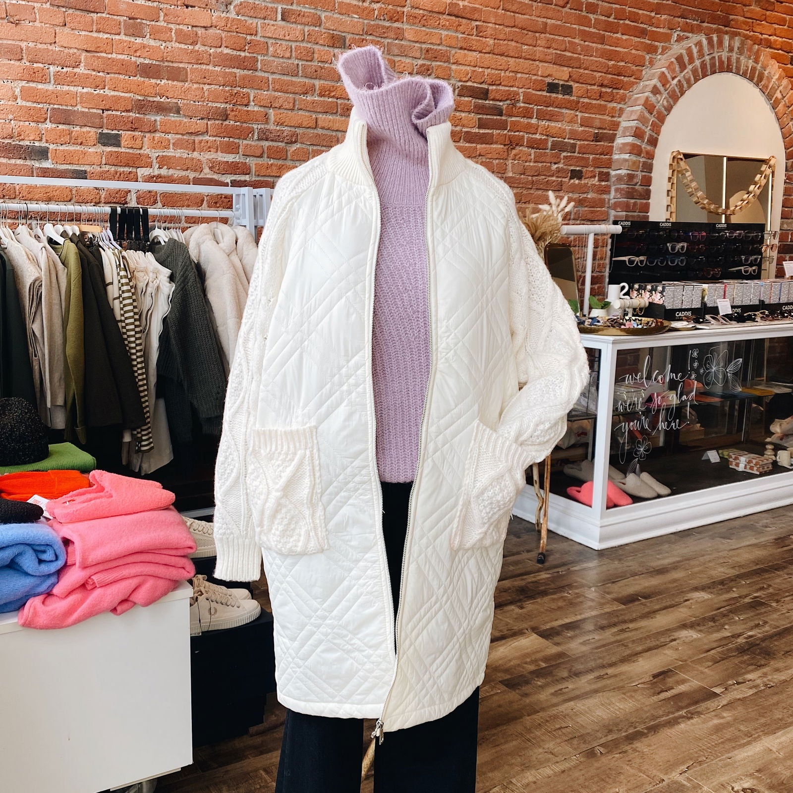 Suzy D London Tabitha Quilted Knitted Sleeve Jacket — Winter White - Public Mercantile