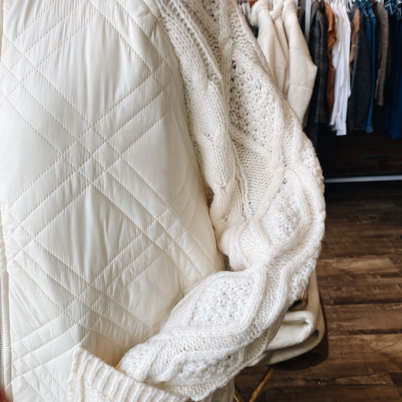 Suzy D London Tabitha Quilted Knitted Sleeve Jacket — Winter White - Public Mercantile
