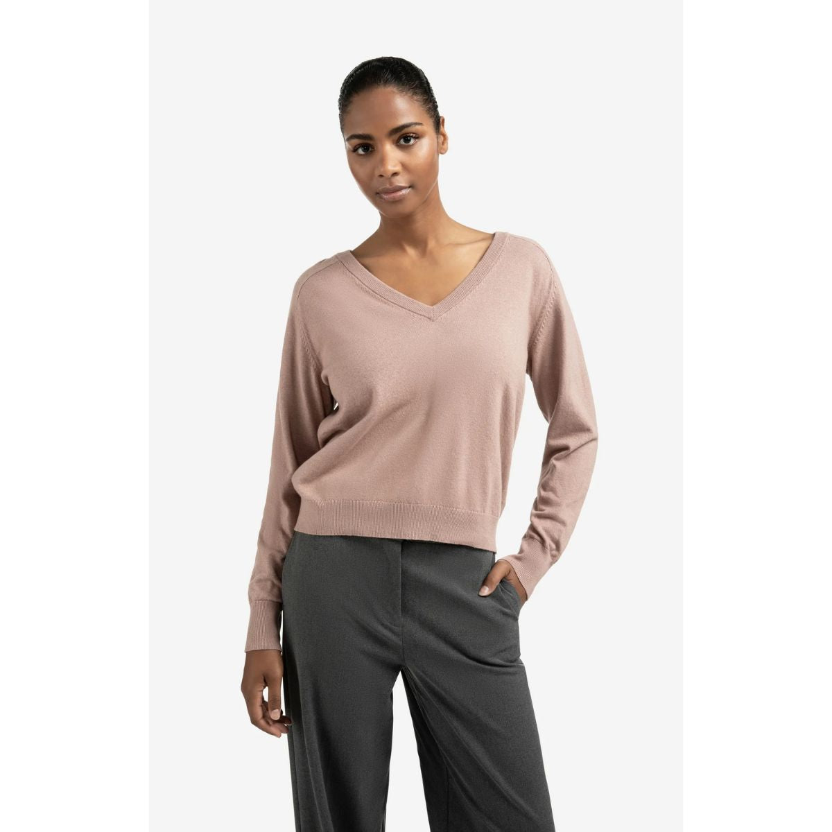 YAYA Back-Button V-Neck Sweater — Blush Pink