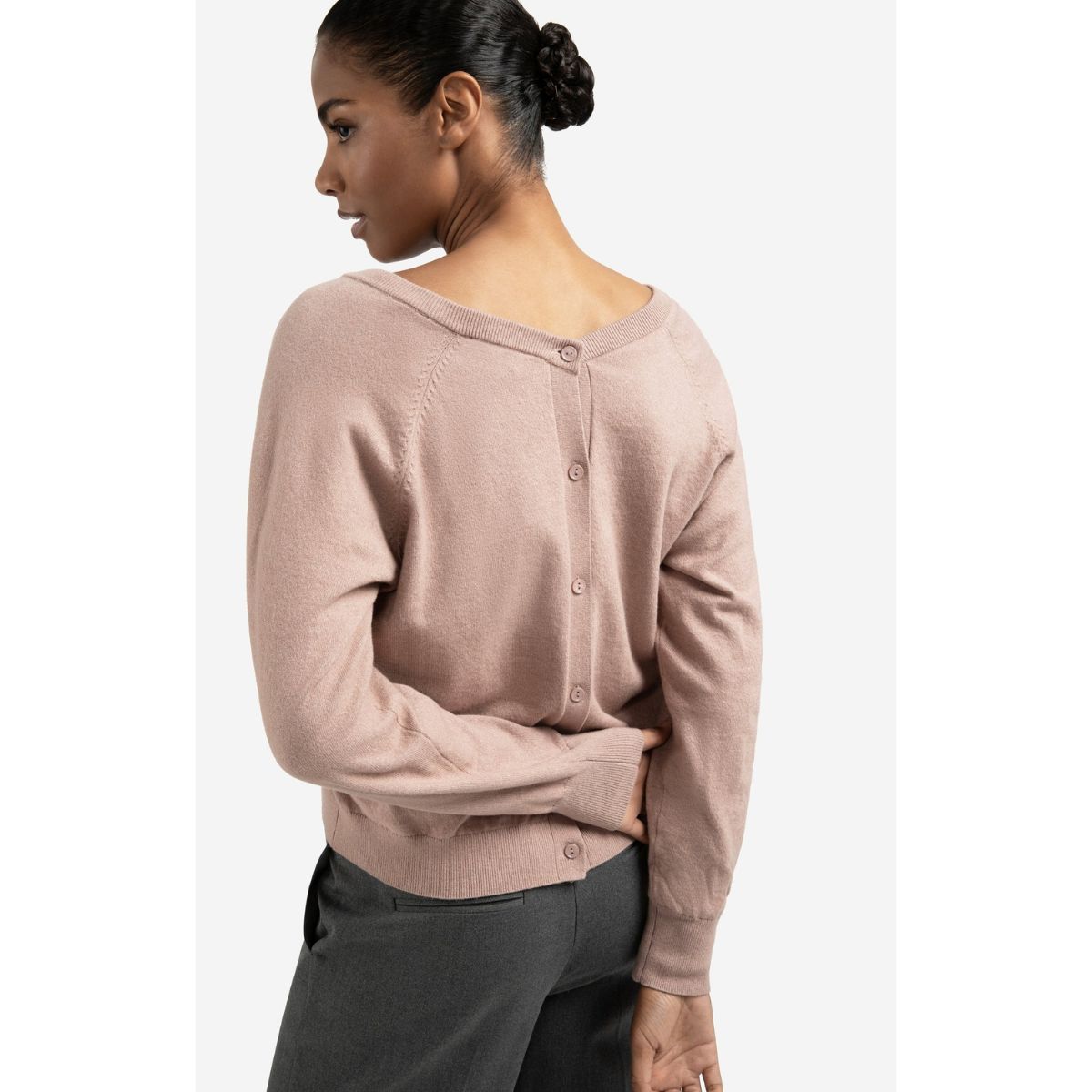 YAYA Back-Button V-Neck Sweater — Blush Pink